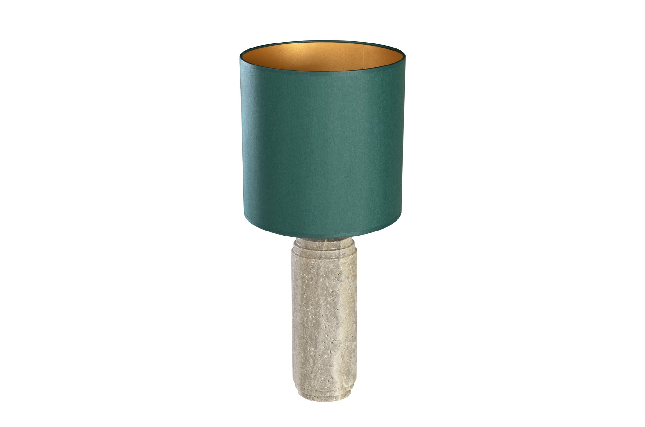 Tafellamp met natuurstenen voet van grijs travertin en groene kap