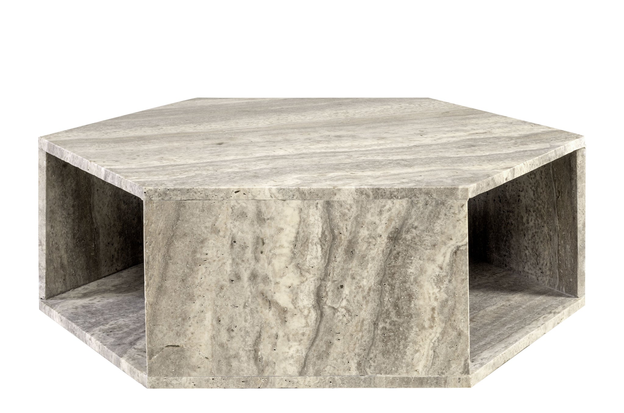 Moderne salontafel van grijs travertijn met zeshoekig blad en strakke afwerking.