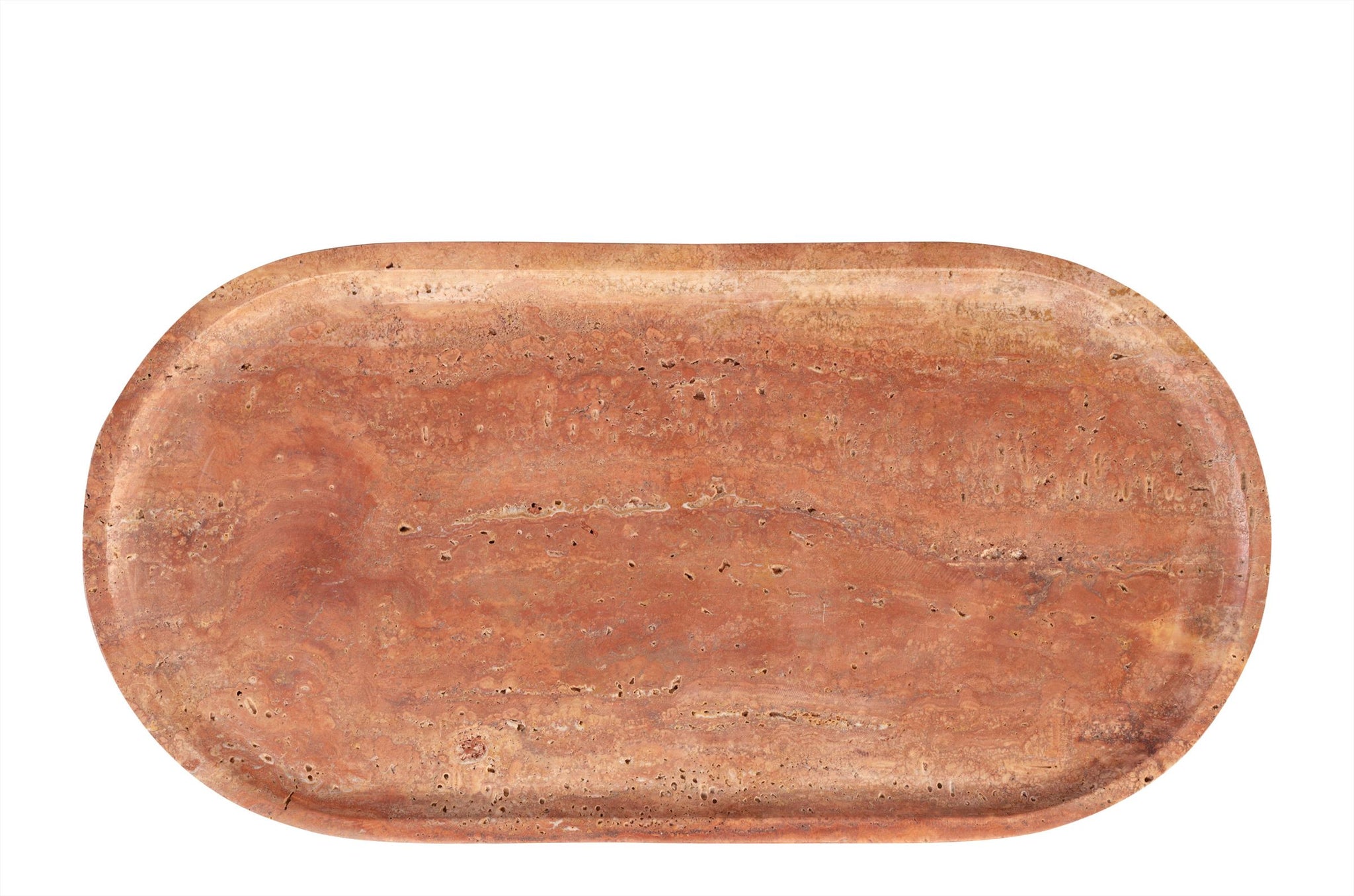 Rechthoekig plateau van rood travertijn met afgeronde hoeken en natuurlijke adering.