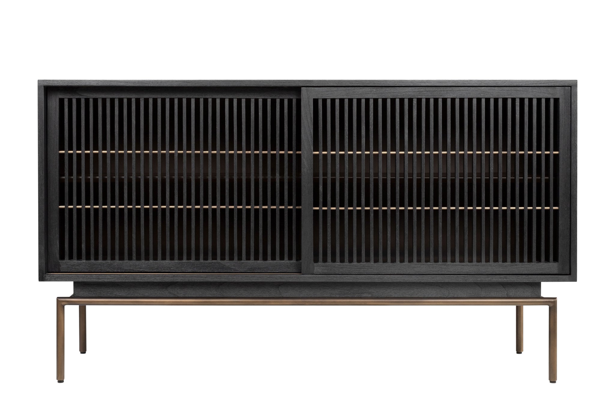 Dressoir van zwart mindi-hout met dark brass frame en schuifdeuren.