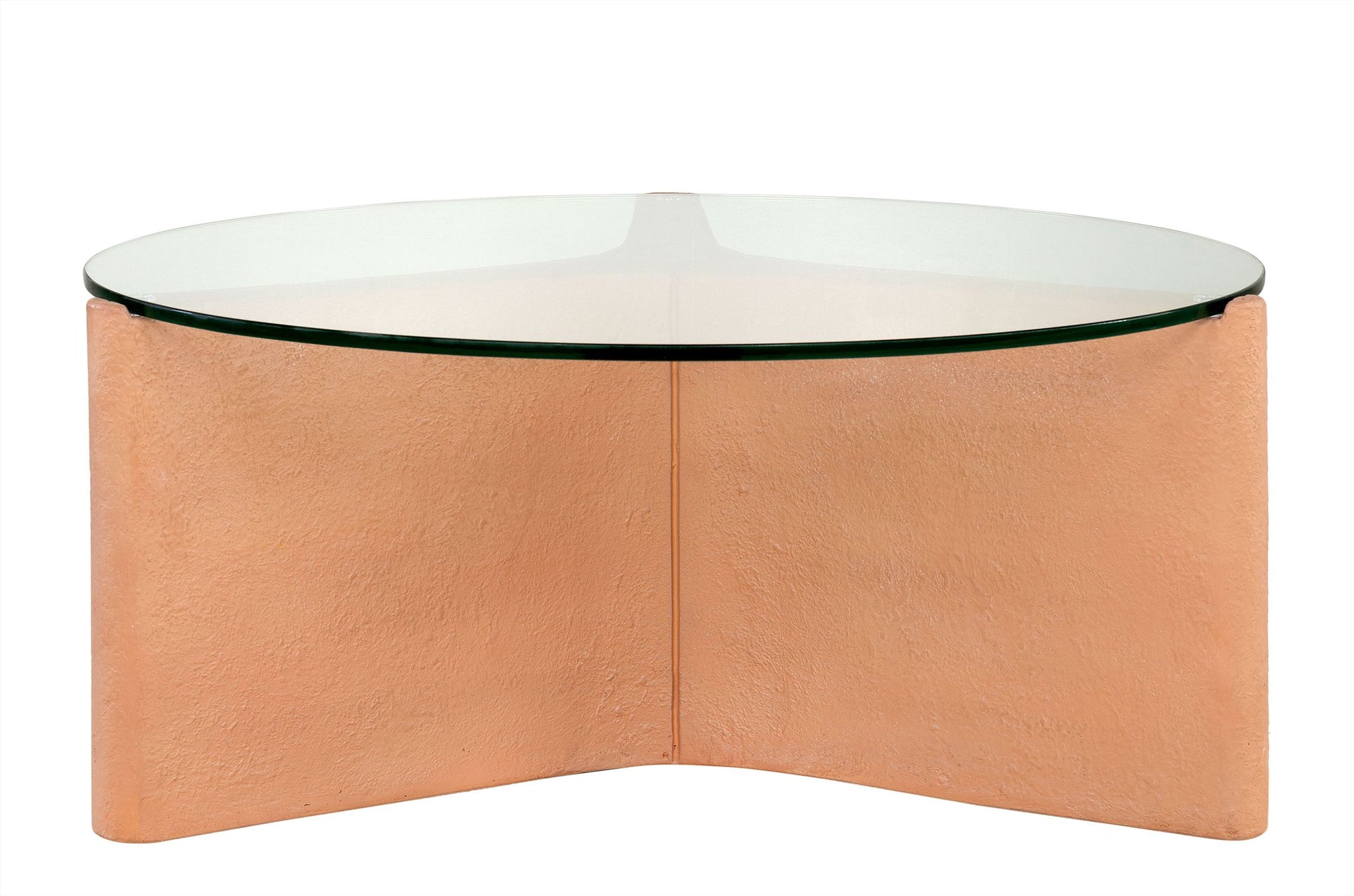 Ronde salontafel Yenn met Terracotta GRC-onderstel en glazen blad
