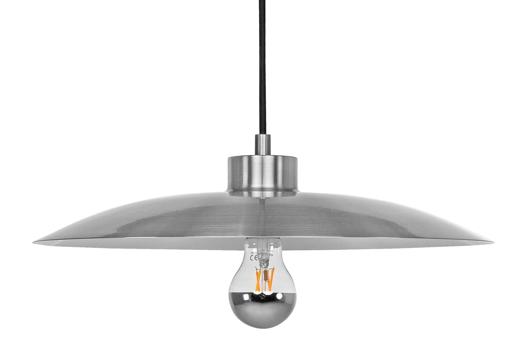 Aluminium hanglamp van Versmissen met platte kap en E27 fitting