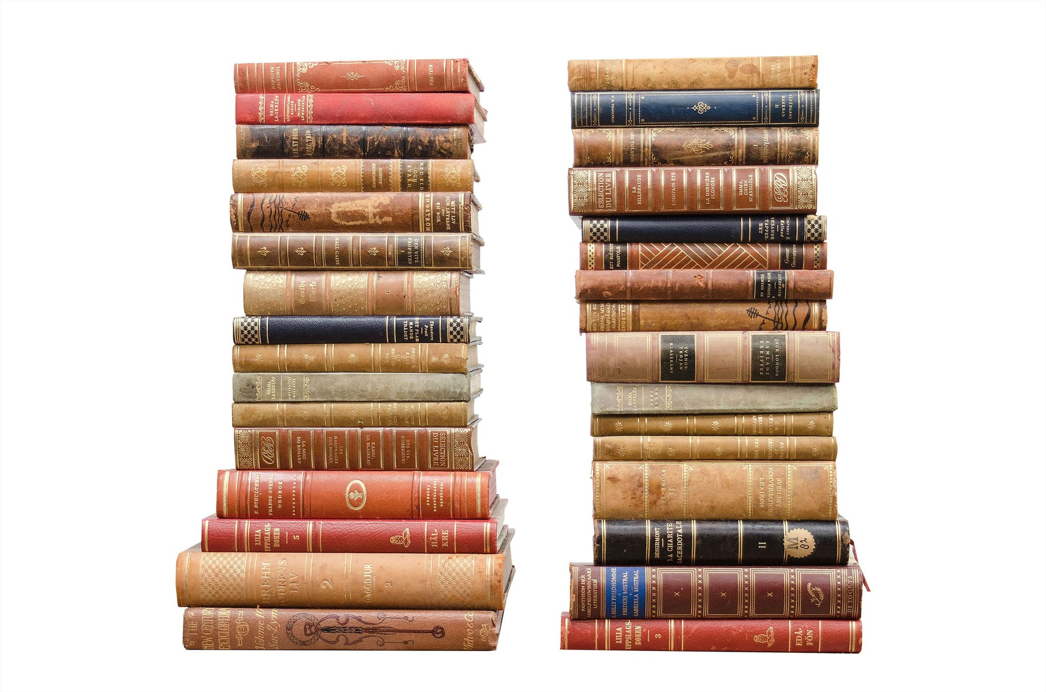 Set antieke leren boeken per meter in diverse kleuren en formaten.