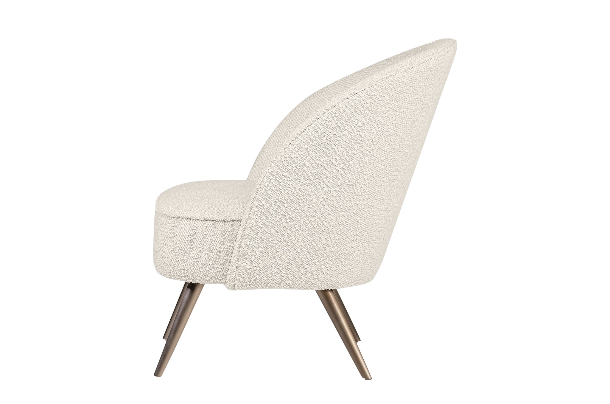 Moderne fauteuil Brixton in zachte bouclé stof en slanke metalen poten
