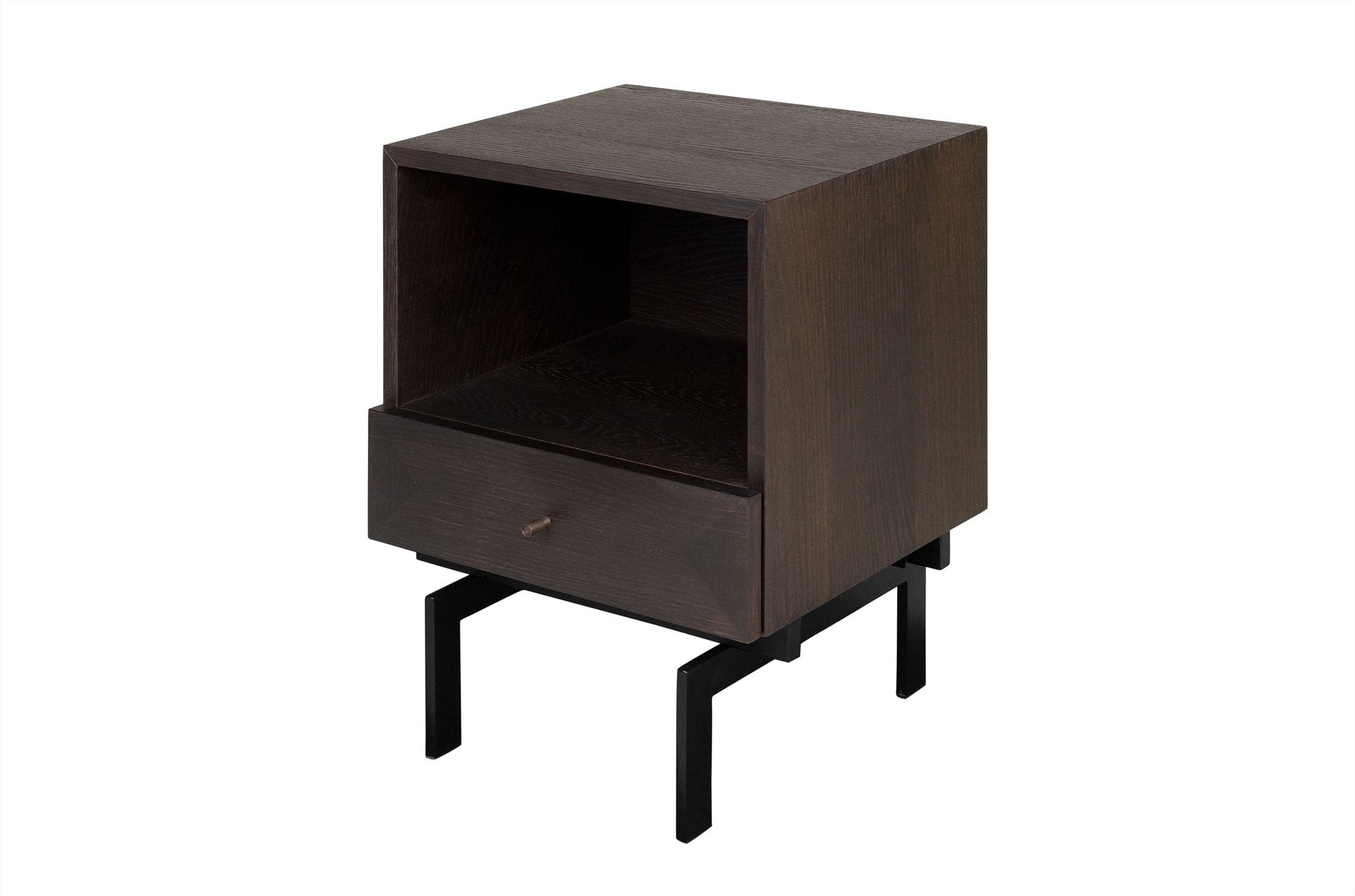 Moderne houten nachtkast met zwart metalen onderstel