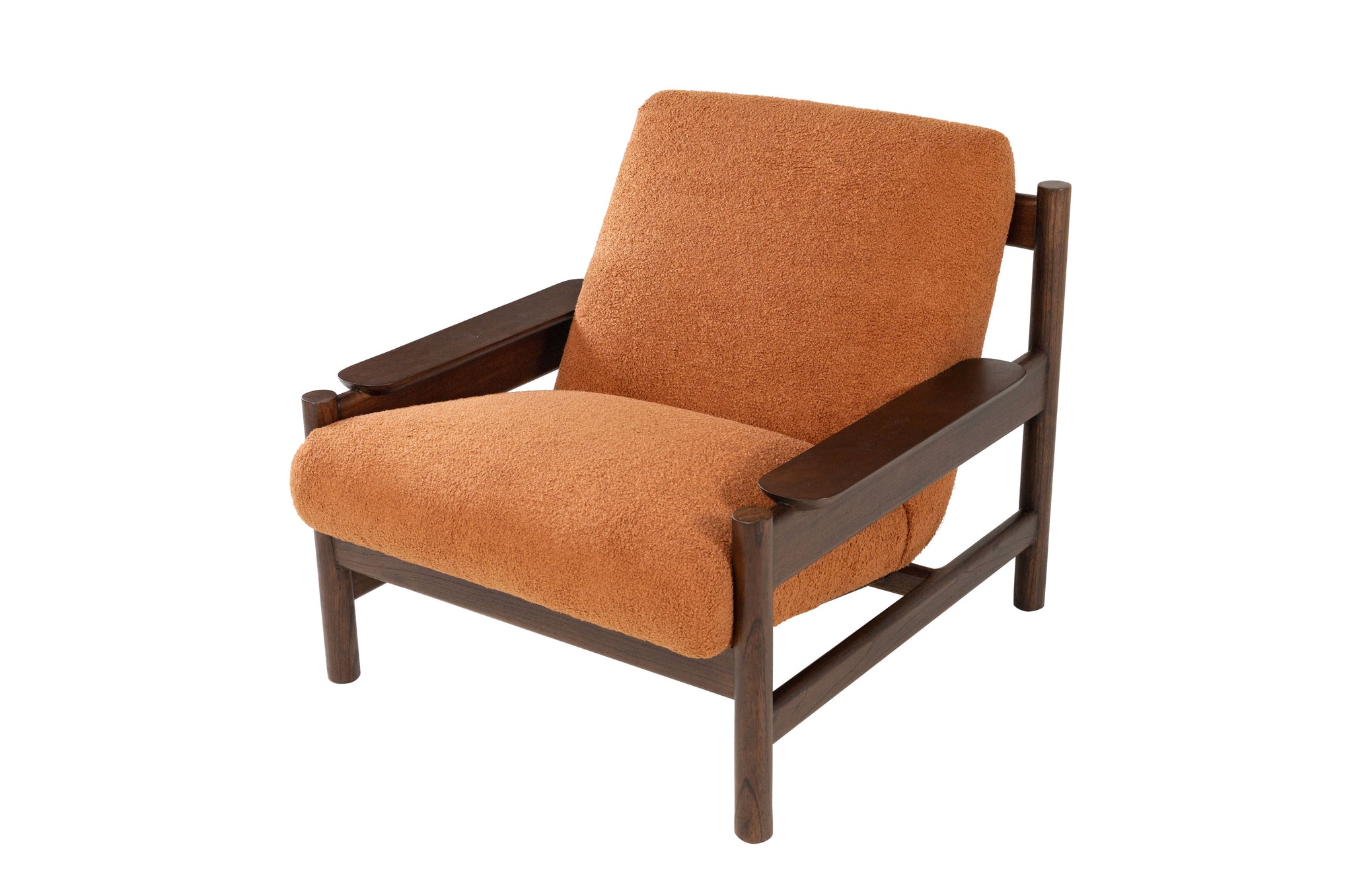 Terracotta fauteuil met houten constructie en zachte bekleding