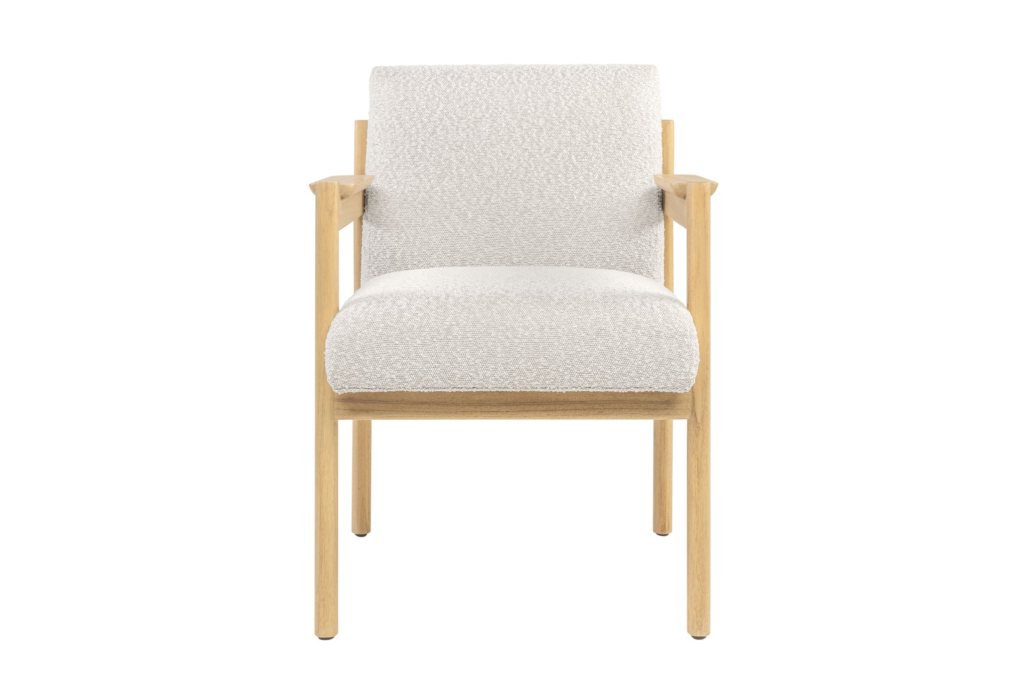 Beige stoffen stoel met houten armleuningen en modern design