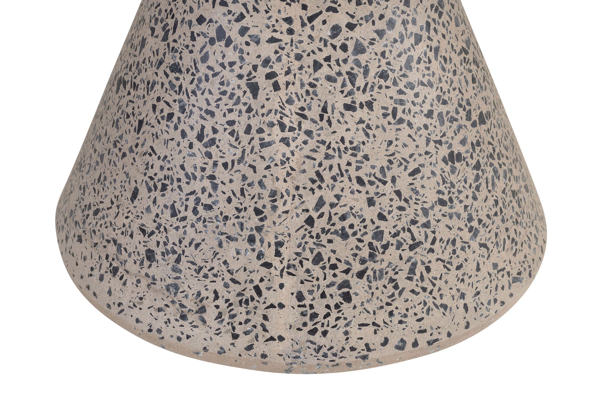 Grijze terrazzo bijzettafel met zandloper vorm – stijlvol en duurzaam design.