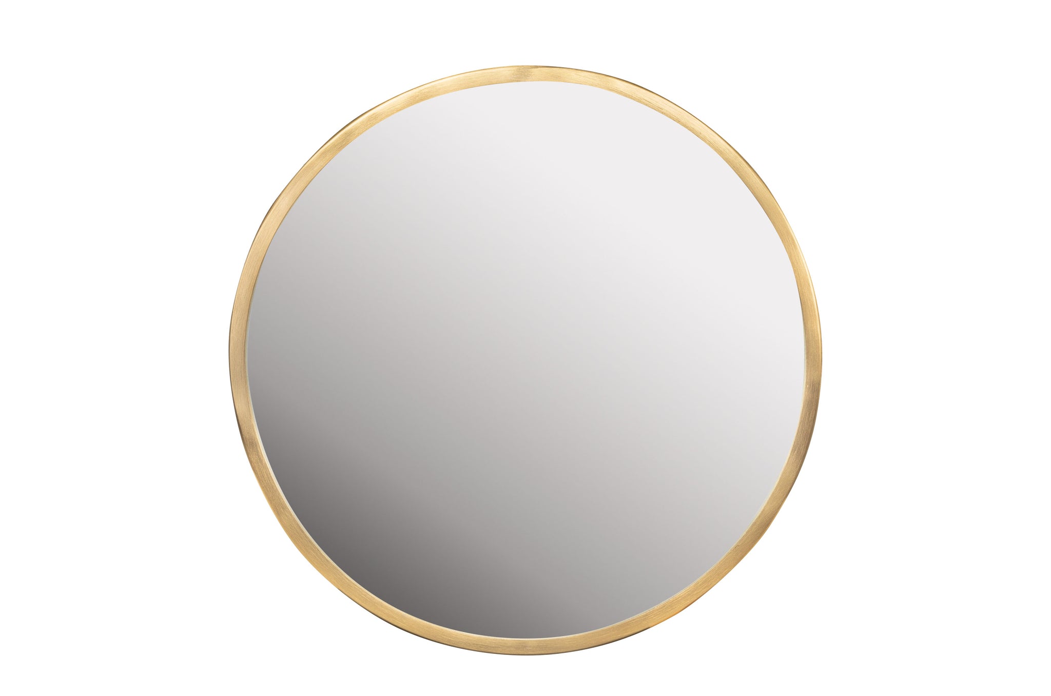 Ronde wandspiegel met brushed gold metalen frame.