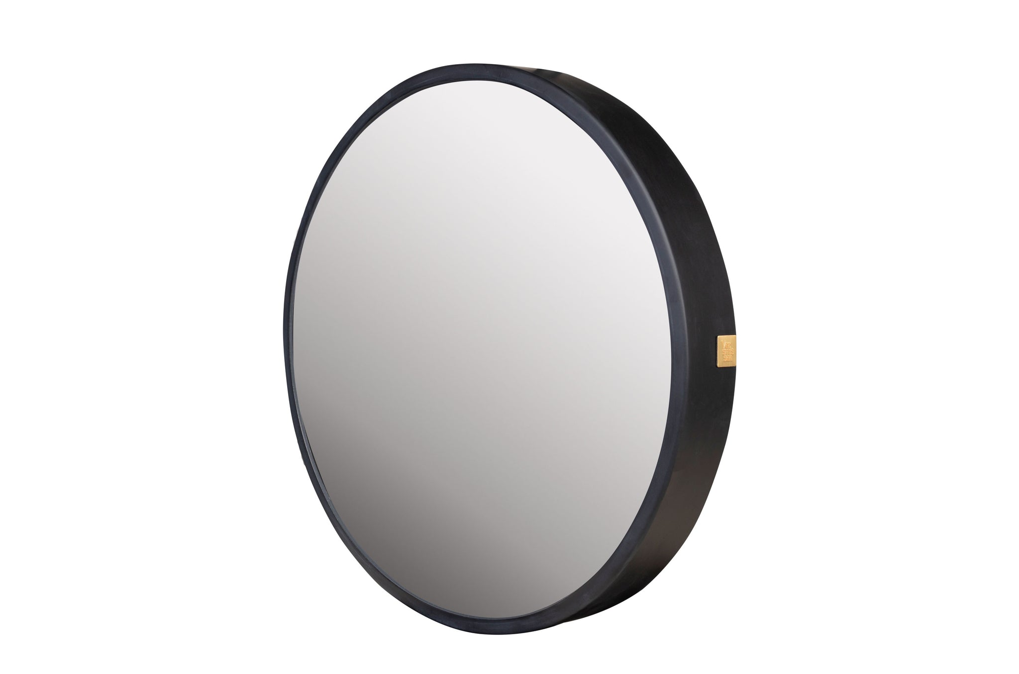 Minimalistische zwarte ronde spiegel met slank stalen frame.