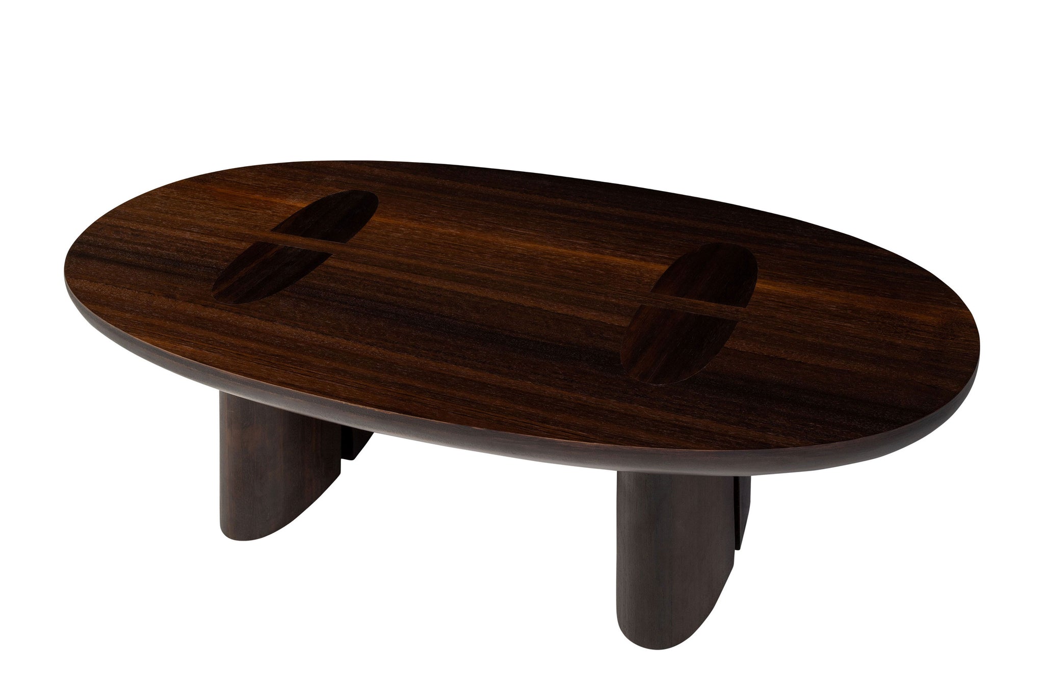 Compacte donkere salontafel met afgeronde vormen en brede poten