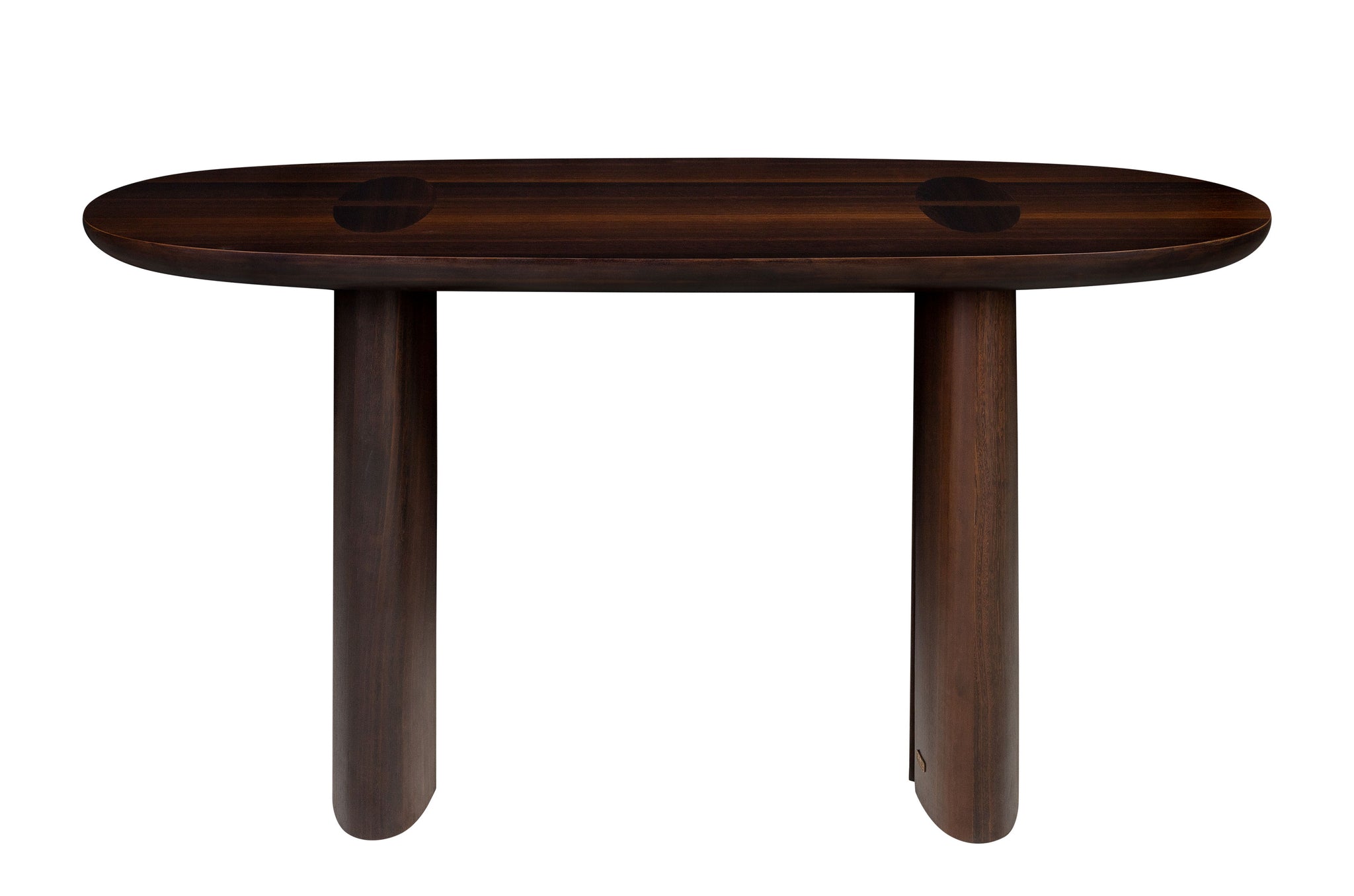 Consoletafel Durban van Versmissen in gerookt eucalyptusfineer met ronde poten en warme houtkleur