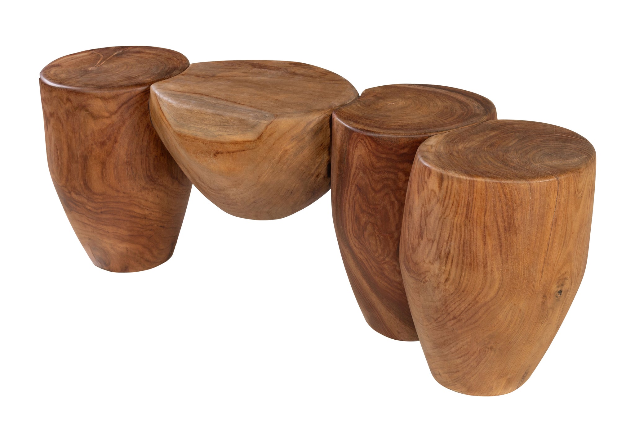 Sculpturale houten bank van vier teakdelen met ronde, natuurlijke lijnen