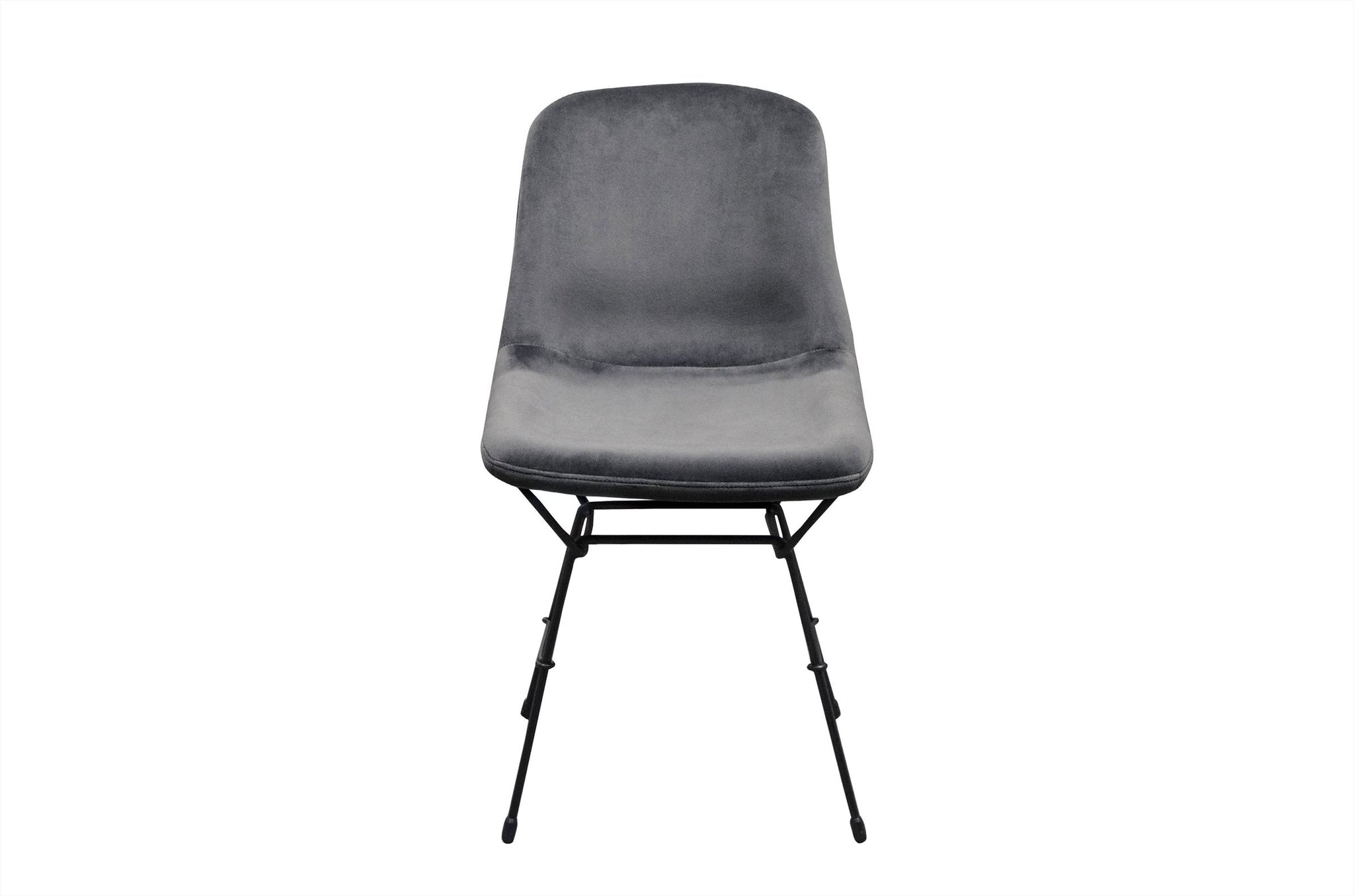 Velvet eetkamerstoel Gaia in grijze Slate-tint met zwart metalen frame.