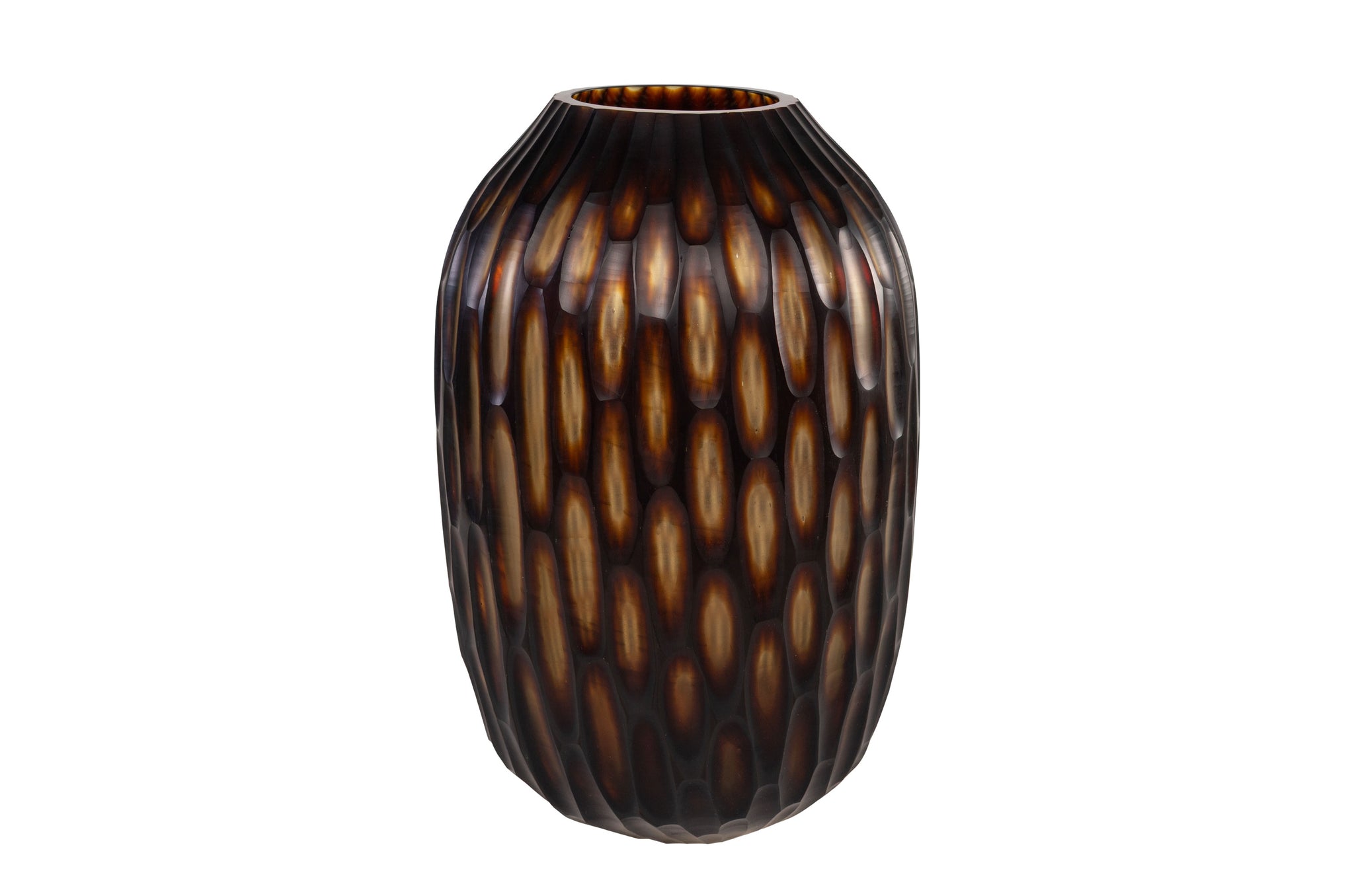 Mondgeblazen bruine vaas met crème kleurverloop en verticale structuur