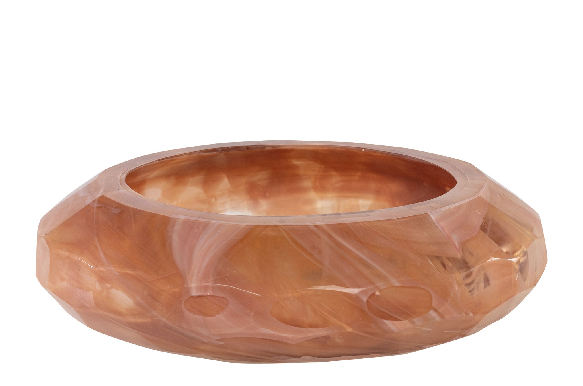 Decoratieve glazen bowl in warme perzik- en crèmetinten, uniek door handgemaakt glaswerk.