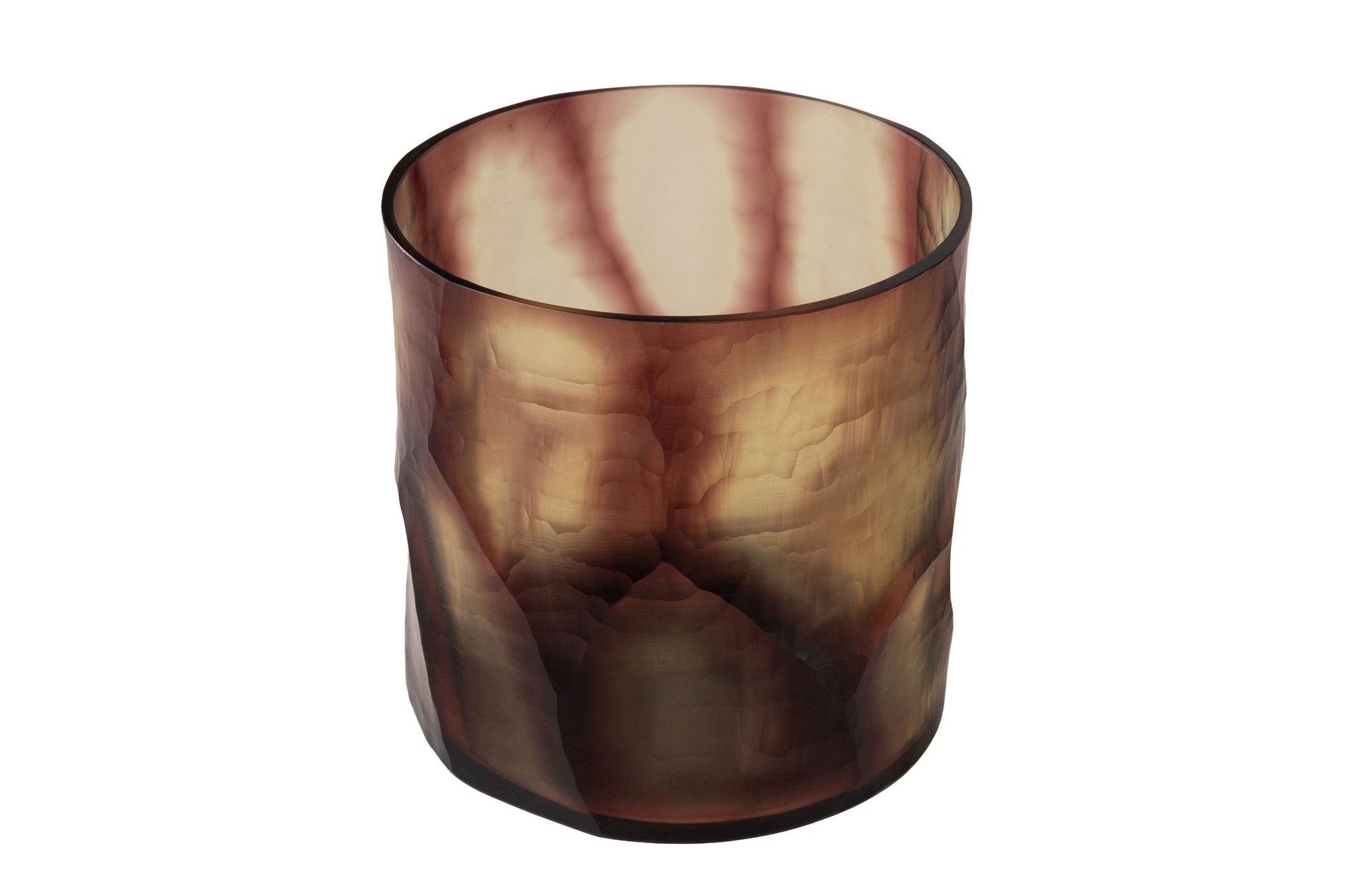 Decoratieve glazen vaas in cilindervorm met gemarmerd paarse en heldere kleurverlopen, uniek door ambachtelijk vakmanschap.