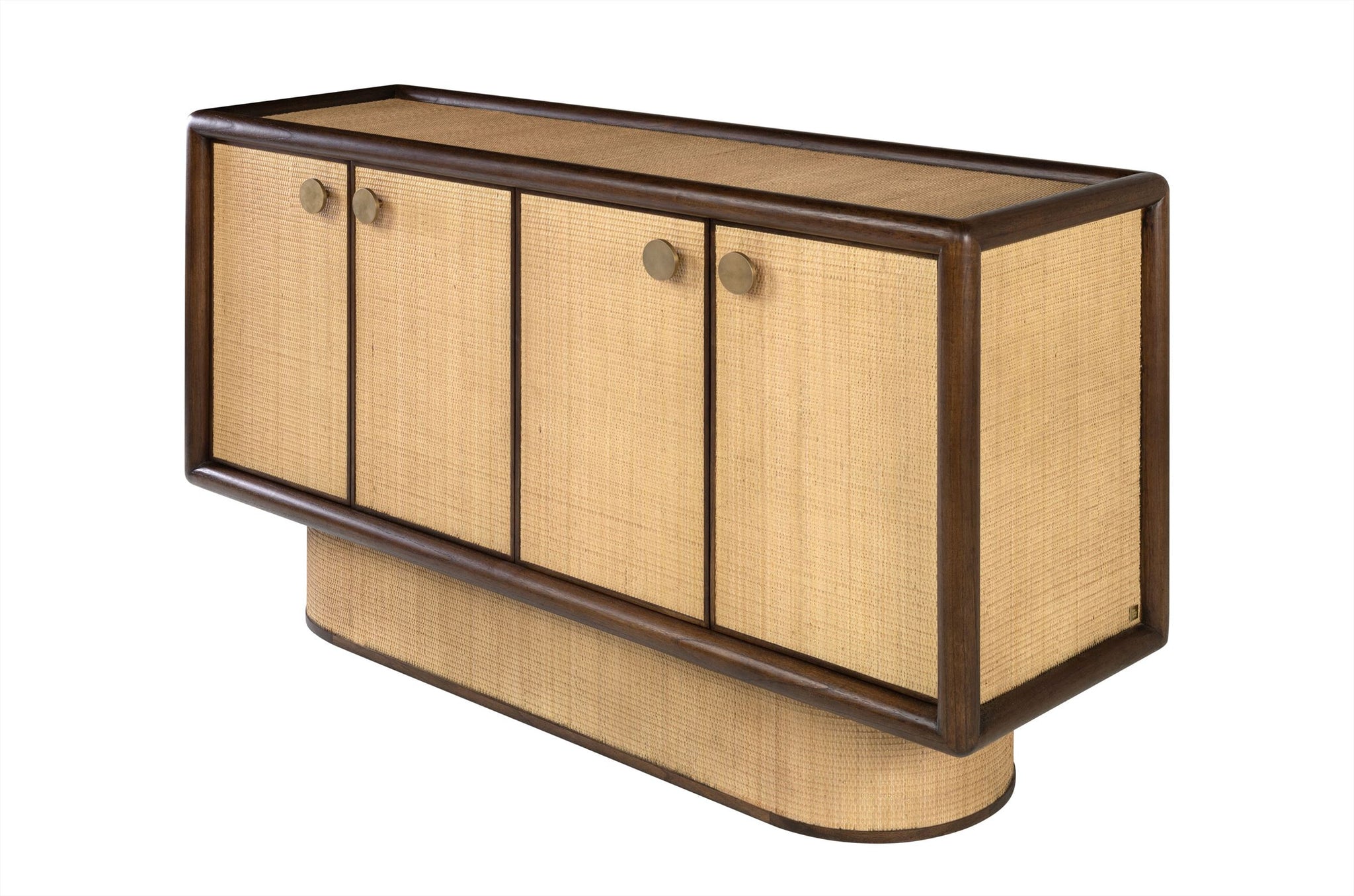 Dressoir van mindi-hout en rotan met afgeronde vormen en warme afwerking.