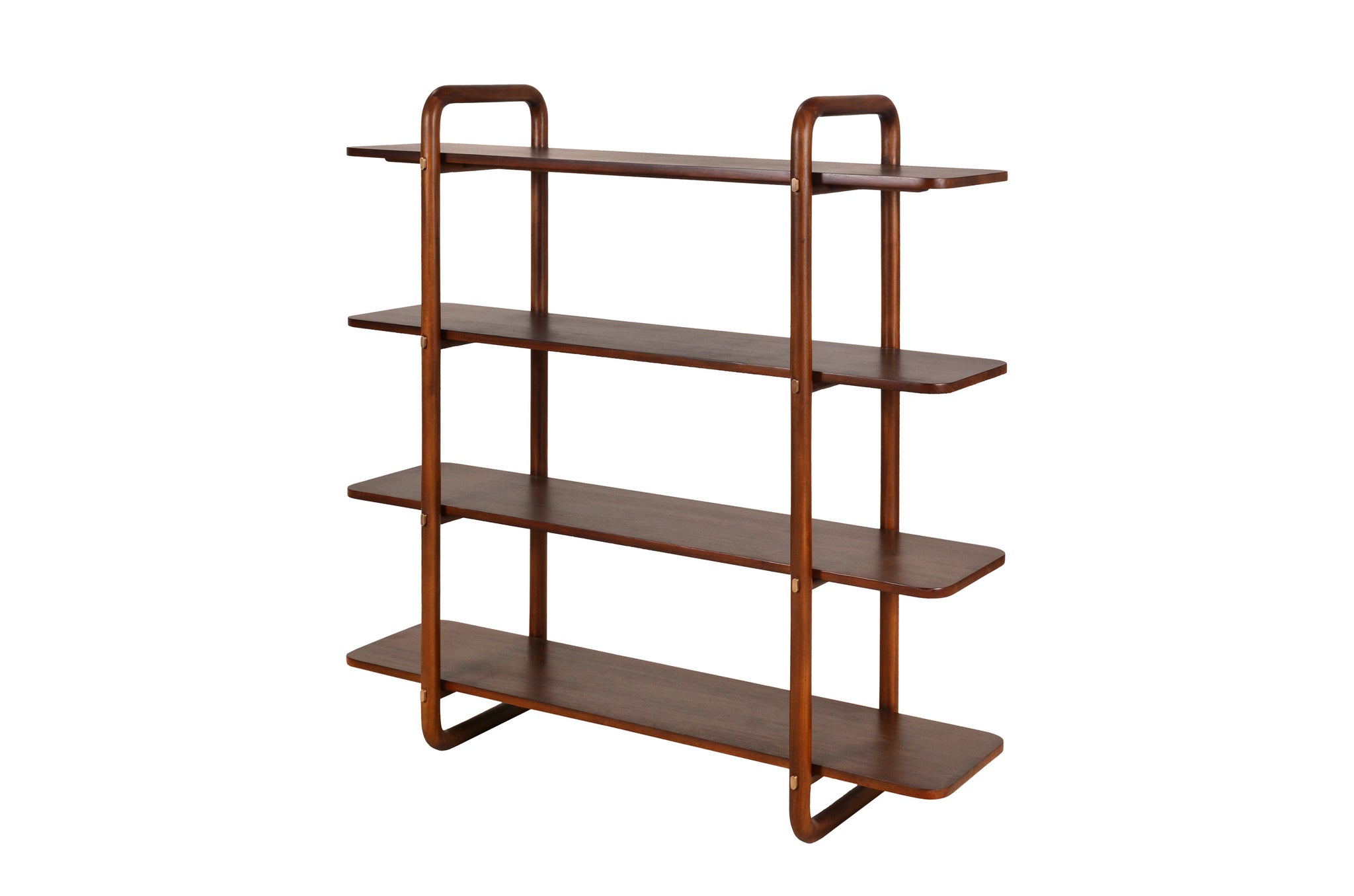 Wandrek Khami 140 van mahoniehout in Light Roasted Coffee afwerking – modern houten rek met vier legplanken.