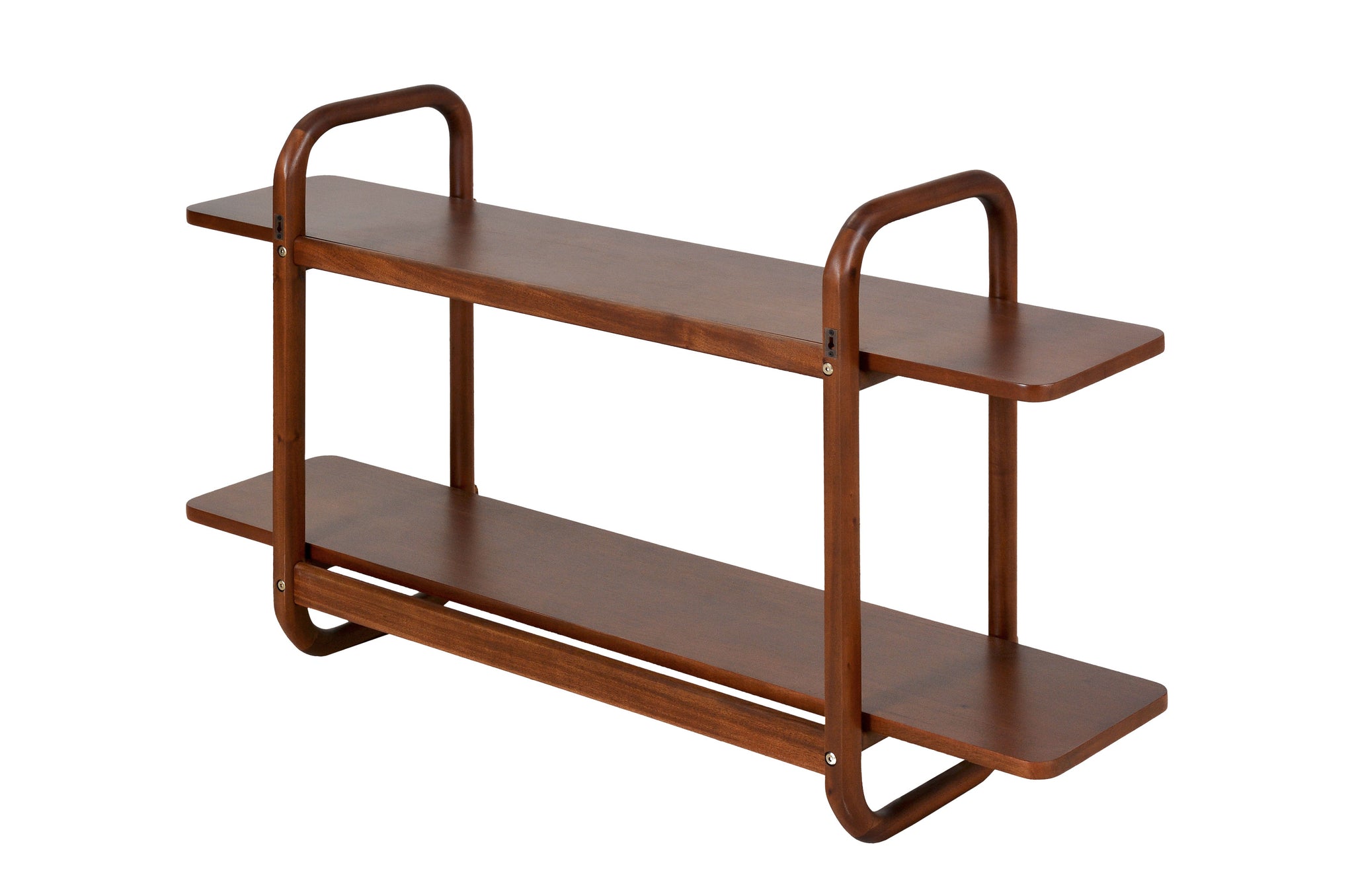 Design wandrek Khami L, elegant rek van mahoniehout met lichte roasted coffee afwerking – stijlvolle opberger voor modern interieur.