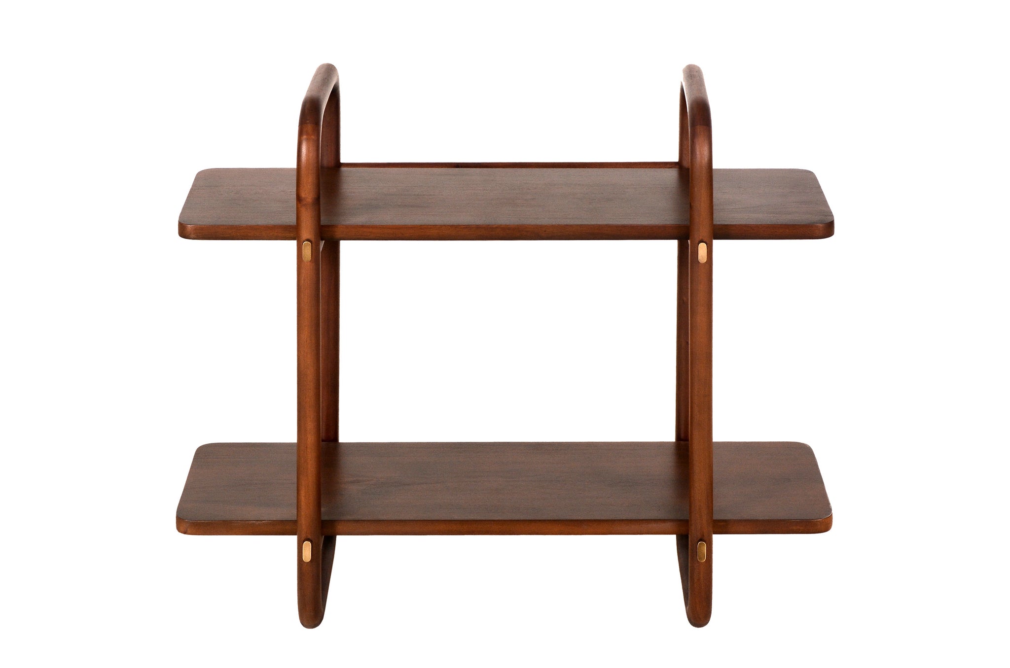 Luxe wandrek Khami M van Versmissen, mahoniehout met afgeronde vormen in lichte roasted coffee finish – design wandrek voor modern interieur.