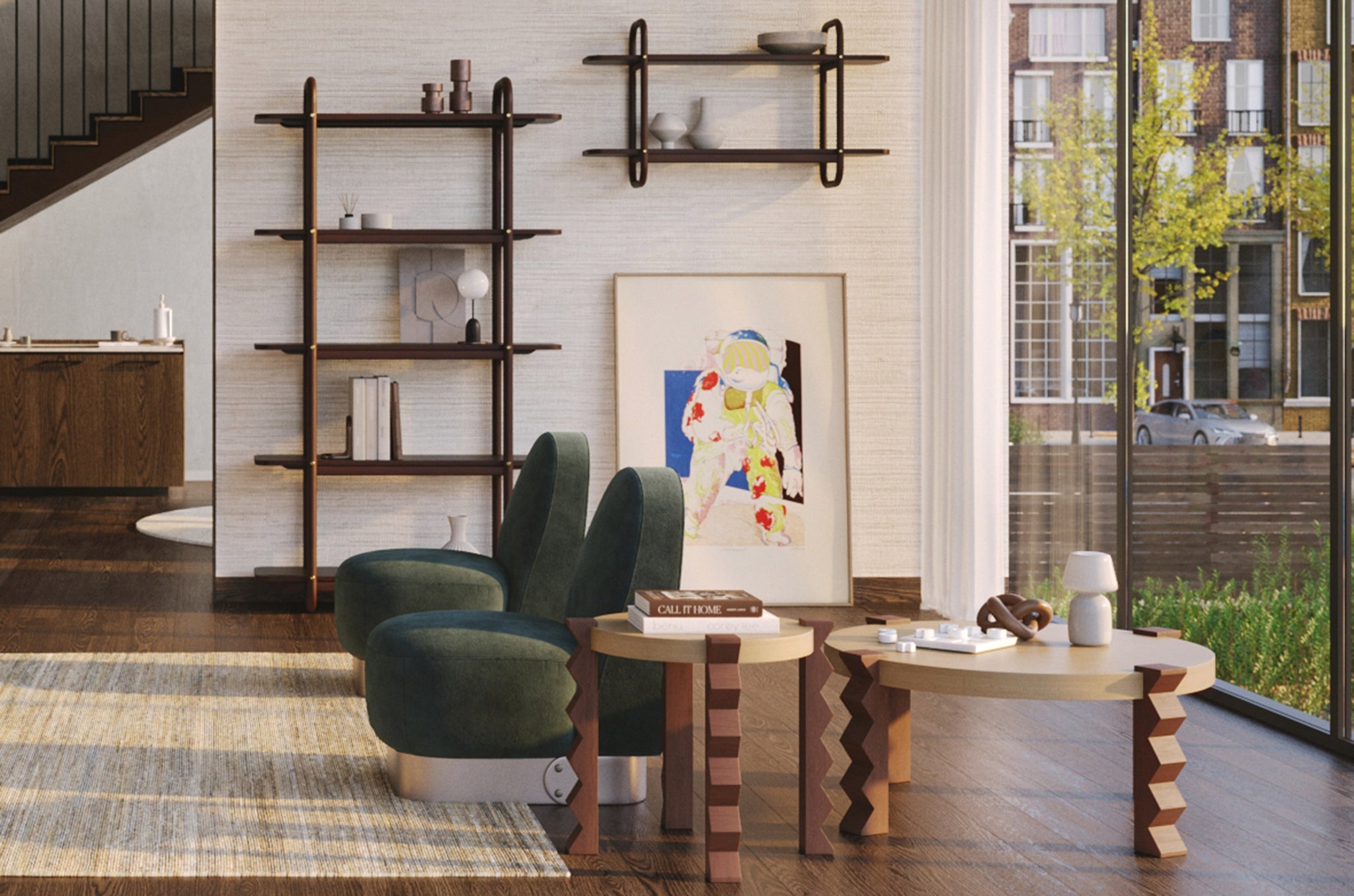 Design wandrek Khami M in mahoniehout, natuurlijke afwerking en luchtige structuur – tijdloze toevoeging aan woonkamer of hal.