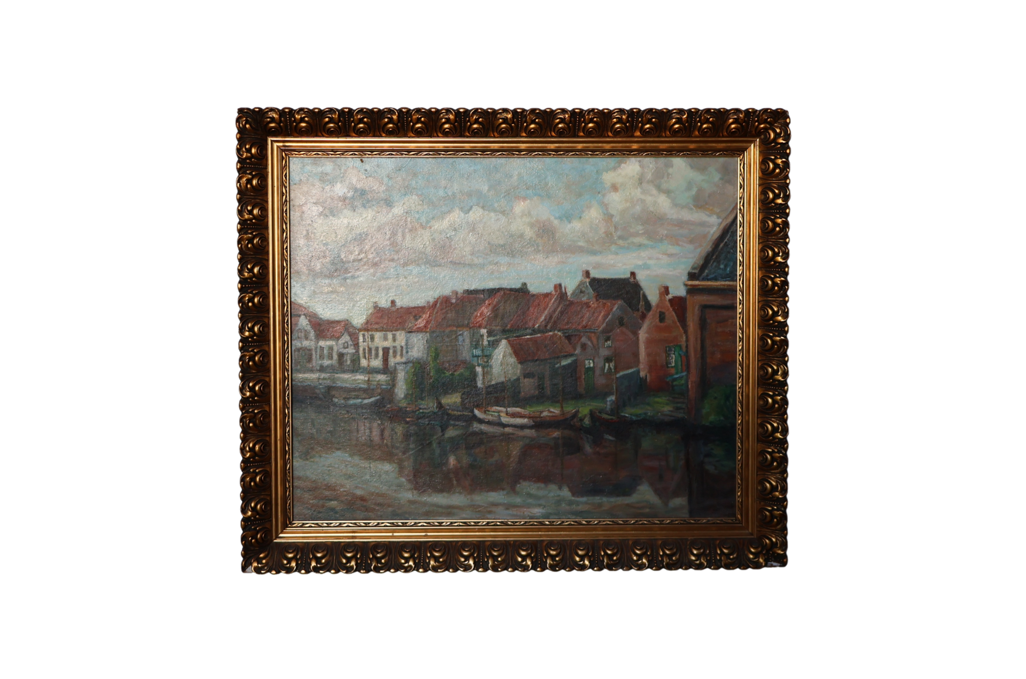 Vintage schilderij van dorpshuizen aan het water met boten, olieverf op doek