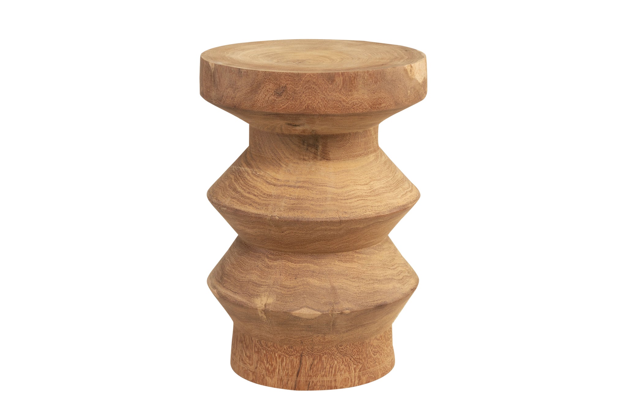 Design bijzettafel in massief dimbhout met gelaagd silhouet