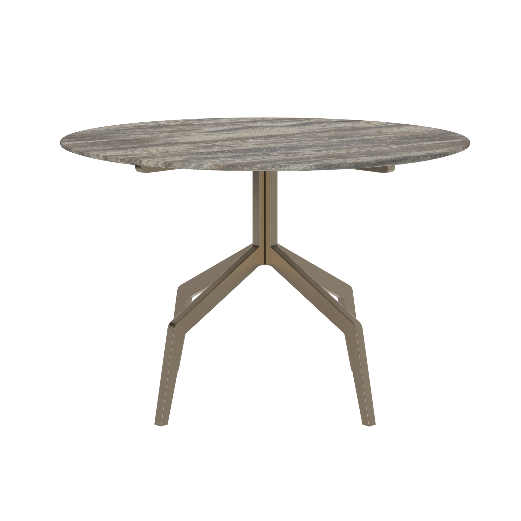Ronde eettafel in grijs travertijn met modern bronzen frame