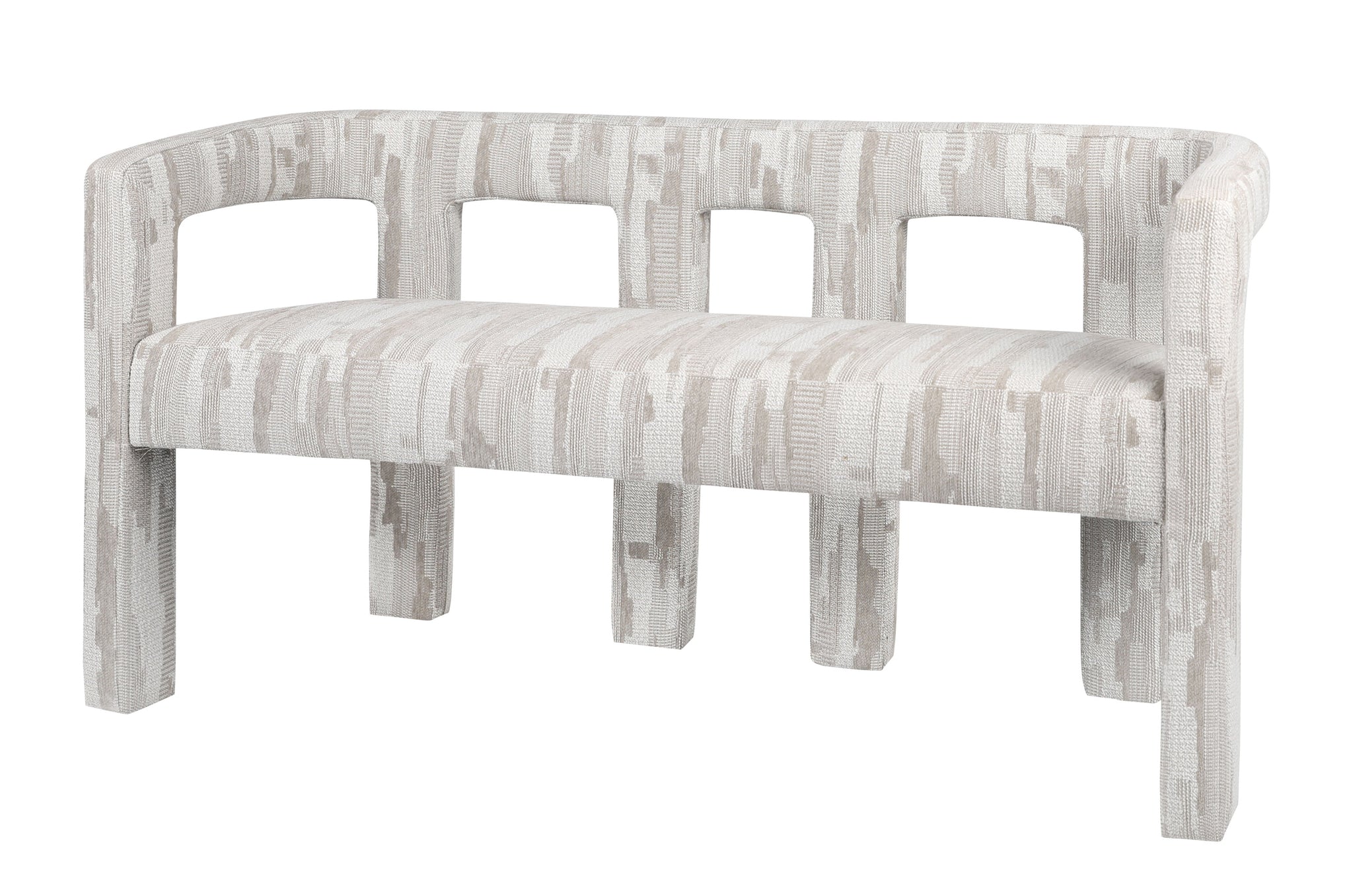 Design eetbank in zandkleurige Scape-stof met ronde poten en brede zitting