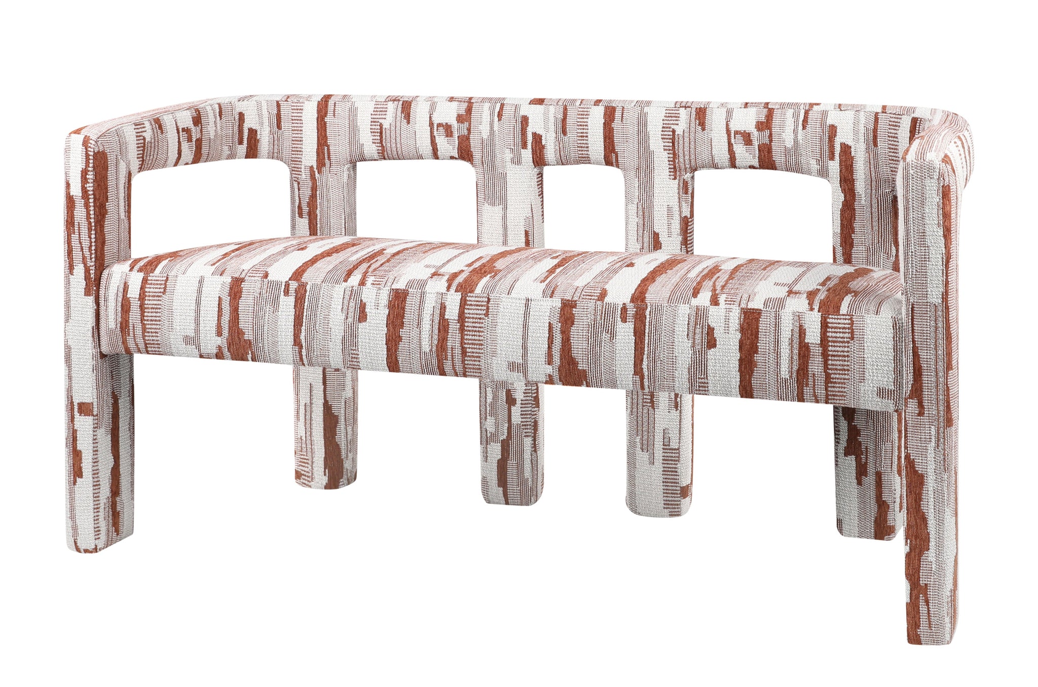 Design eetbank in terracotta Scape-stof met open rug en ronde poten