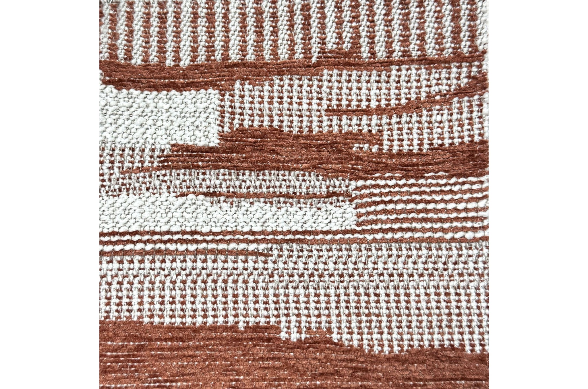 Ronde poef in terracotta en zandkleurige Scape-stof – Madison