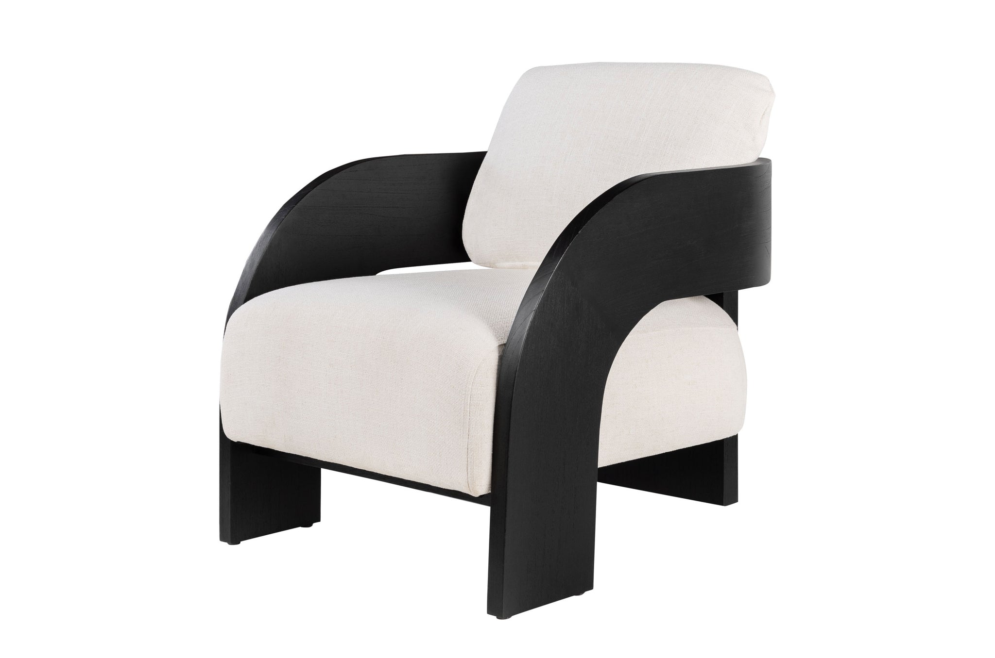 Moderne fauteuil in off white met gebogen houten armleuningen