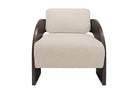 Fauteuil Maravi met sesamkleurige bekleding en roasted coffee mindihouten frame