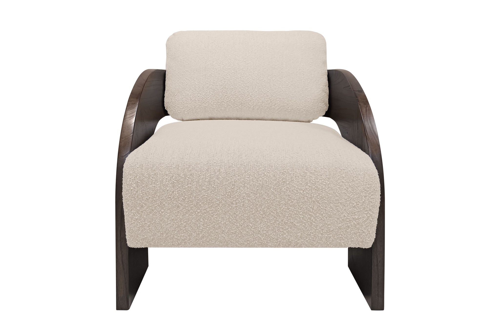 Fauteuil Maravi met sesamkleurige bekleding en roasted coffee mindihouten frame