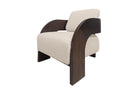 Moderne fauteuil in sesam beige met gebogen houten armleuningen