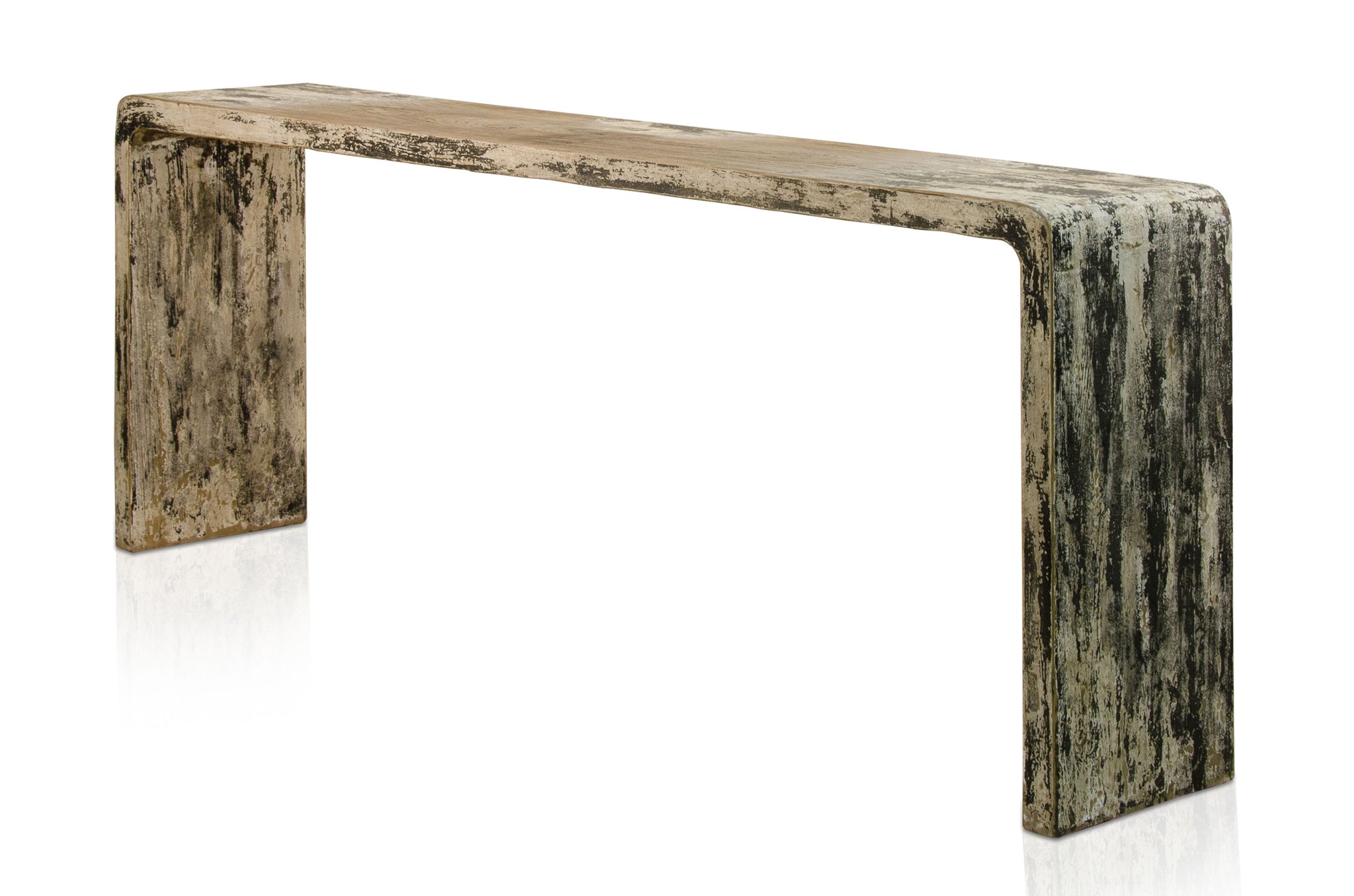 Consoletafel van hergebruikt iepenhout met natuurlijke structuur en verweerde uitstraling