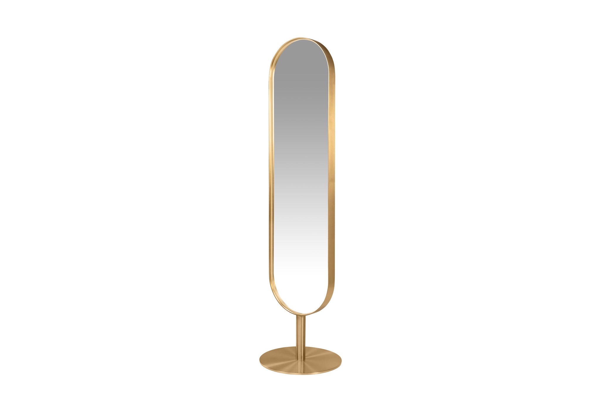 Elegante moderne vloerspiegel van roestvrij staal in brushed gold.