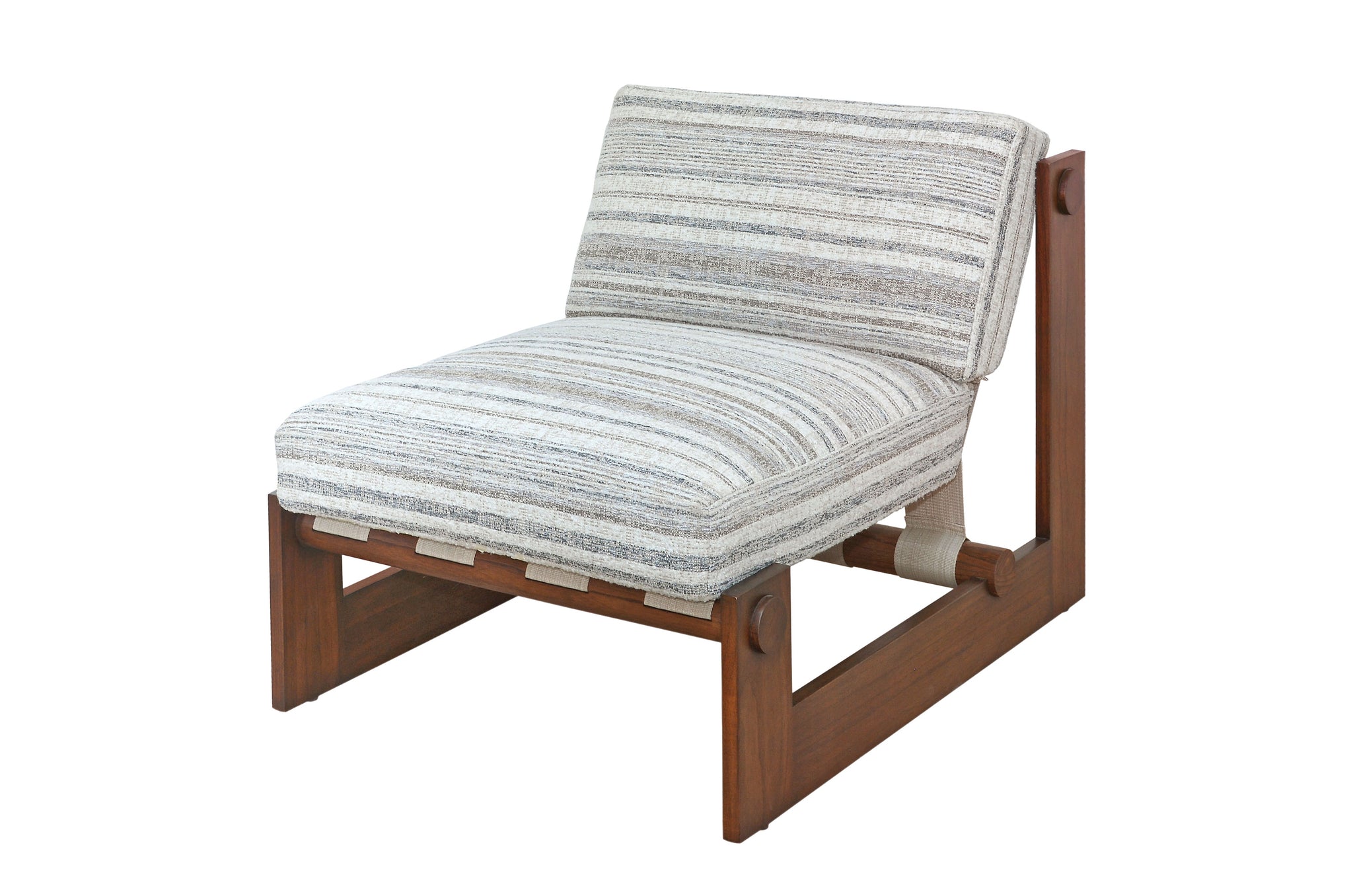 Fauteuil Moyo met gestreepte bekleding en massief mindi houten frame