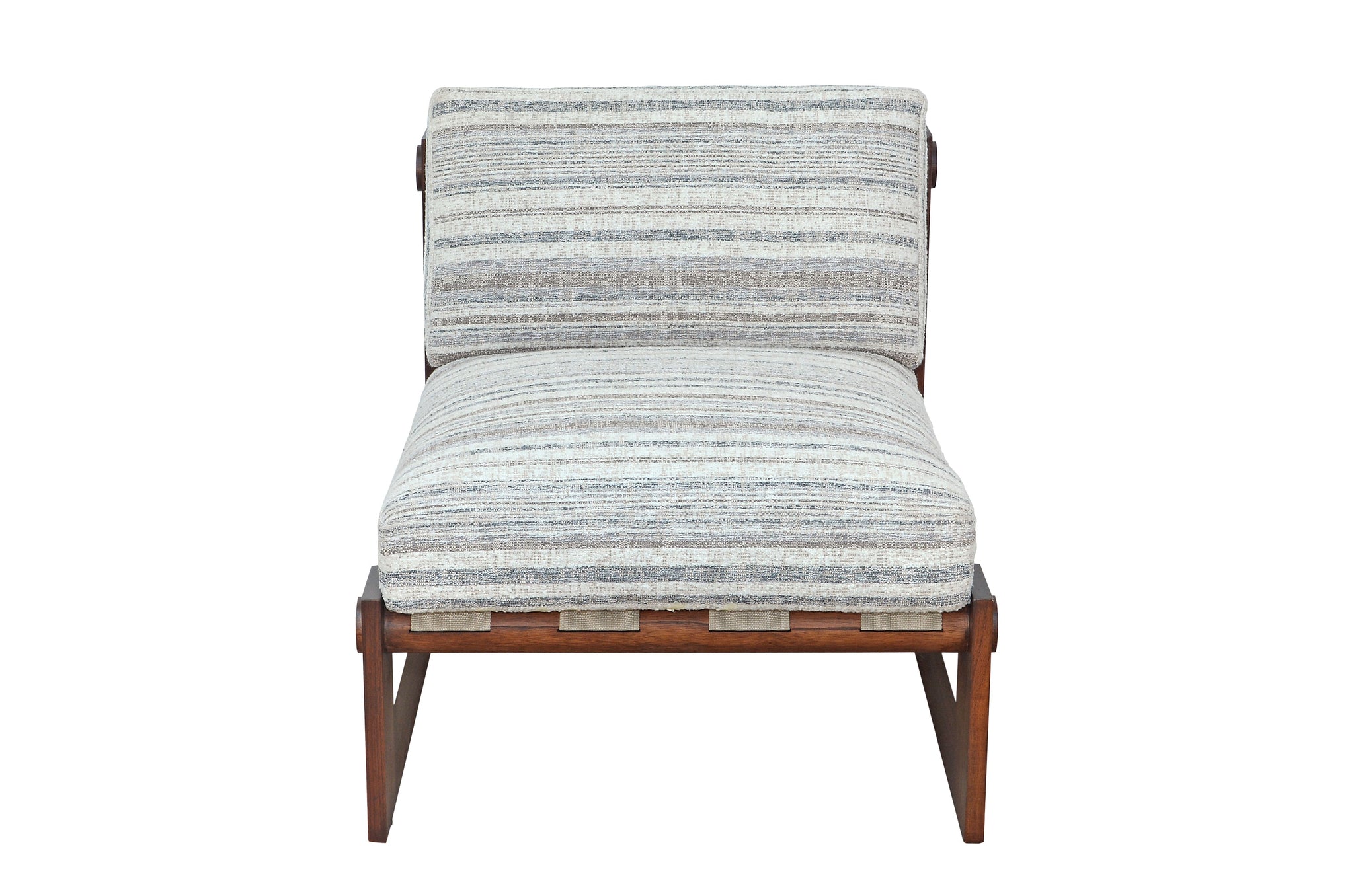 Lage loungefauteuil in Stripes-stof met warm houten onderstel