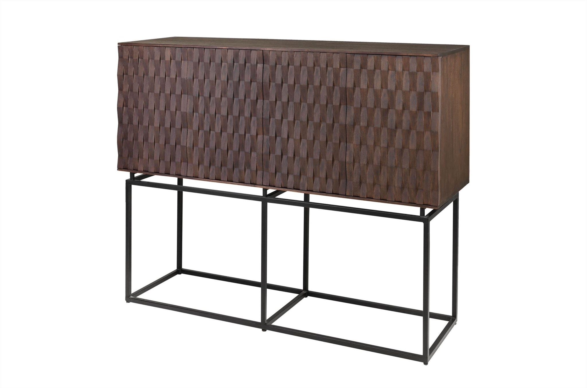 Houten barmeubel met grafisch patroon en metalen onderstel