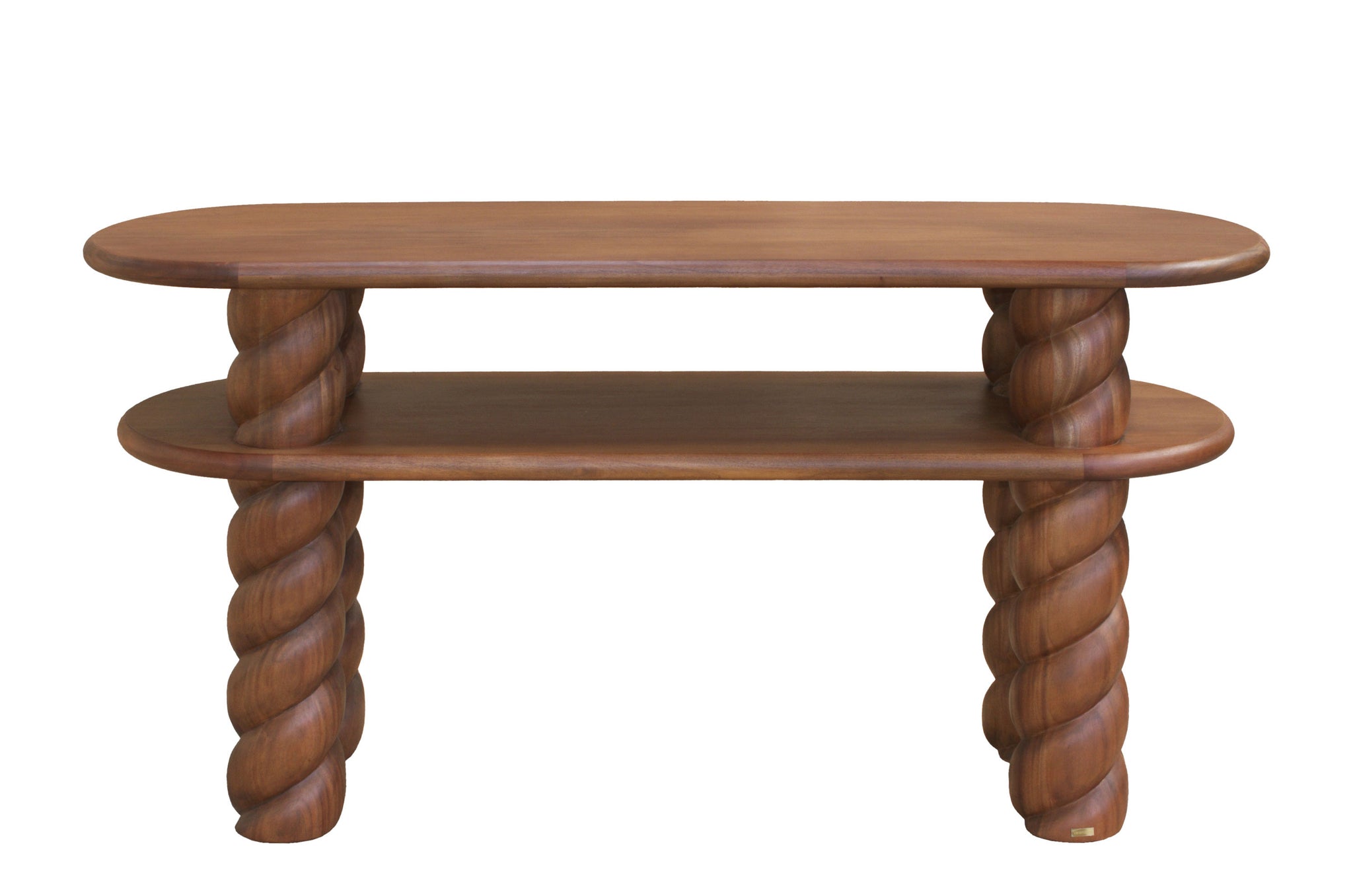 Design consoletafel met spiraalpoten en warme houttint