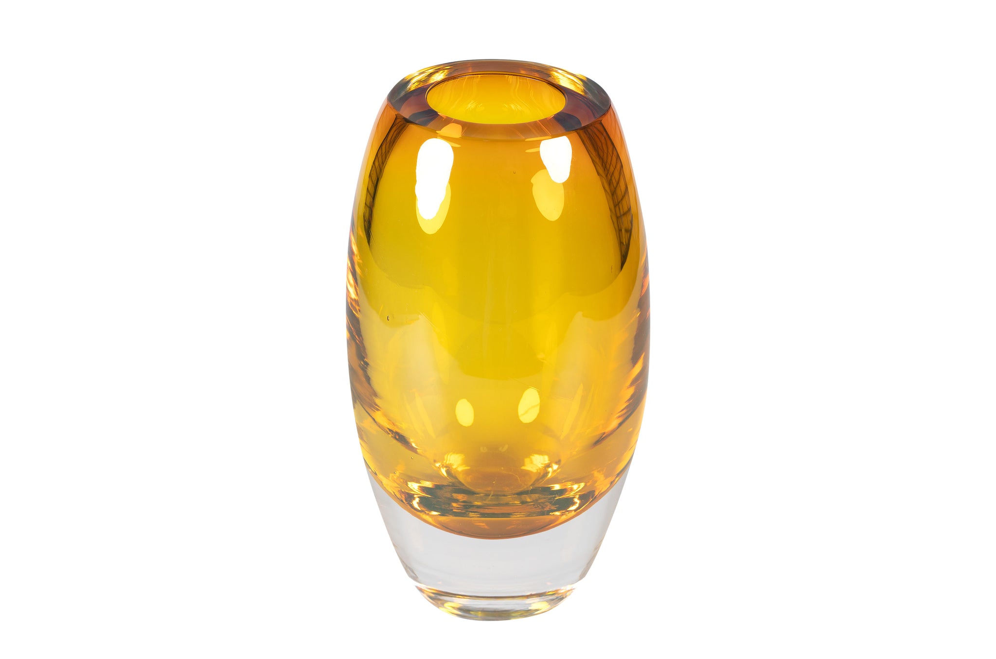 Handgemaakte amber glazen bowl van loodvrij Eco Crystal, met zachte bullet vorm en transparante accenten.