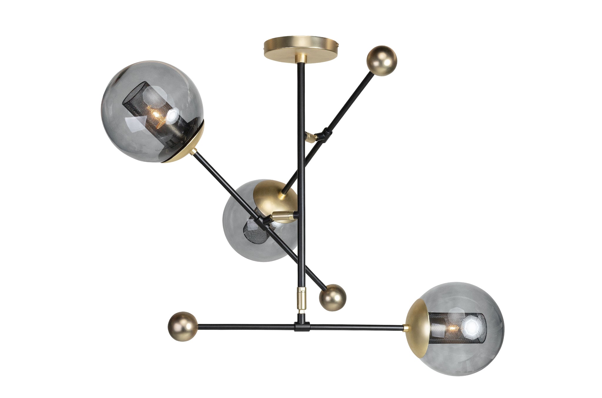 Grafische hanglamp Orbit met smoked glass, gezien in totaalopstelling