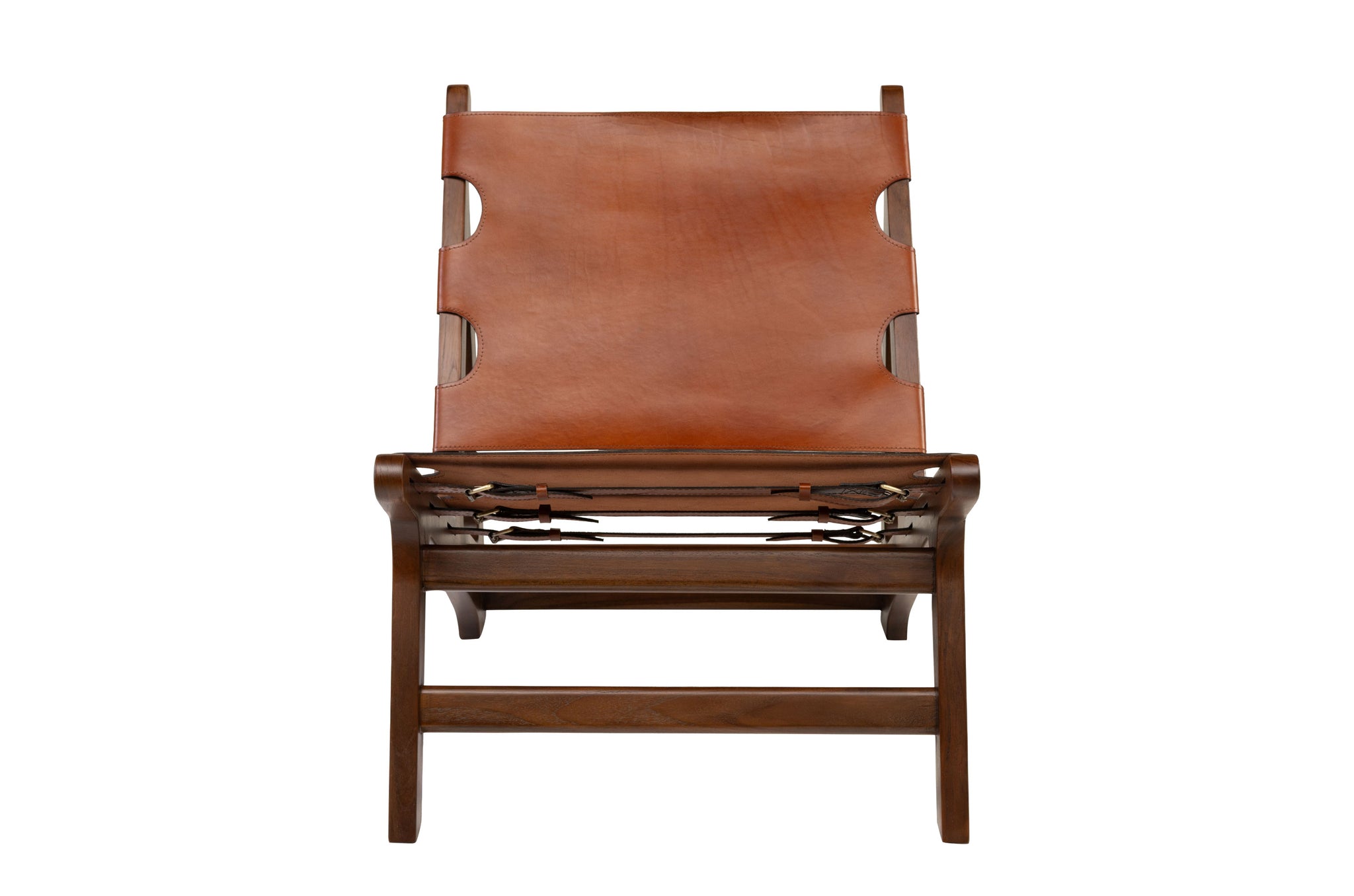 Design loungestoel met donker teakframe en cognackleurig leer