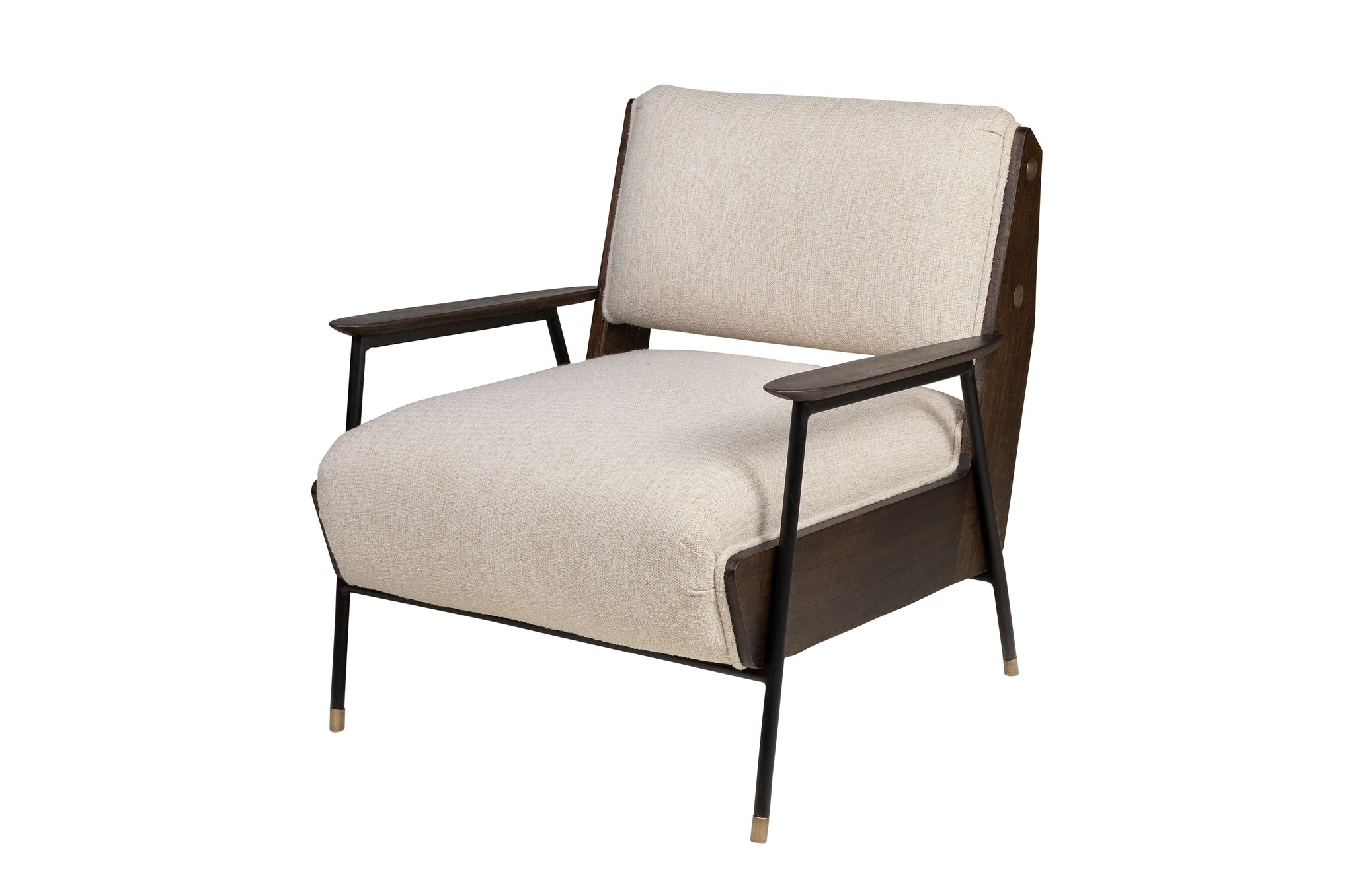 Oyo loungestoel in Sesam-stof met open frame en moderne, luxe uitstraling