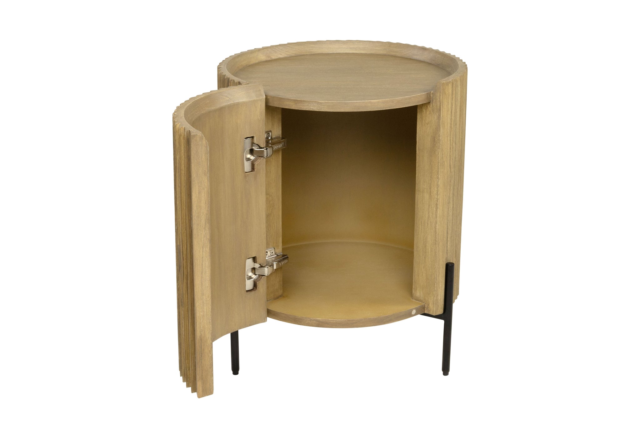 Ronde houten tafel in Old Wood Beech met zwarte metalen poten