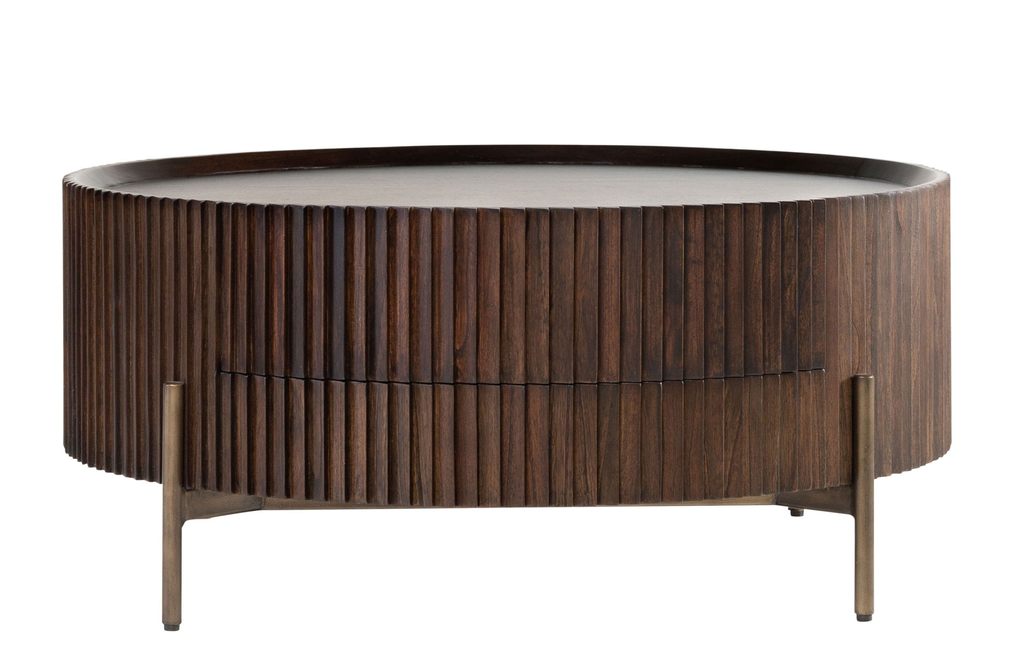 Salontafel Pogoro van mindi-hout met donker messing frame