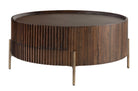 Ronde design salontafel met roasted coffee hout en stalen onderstel