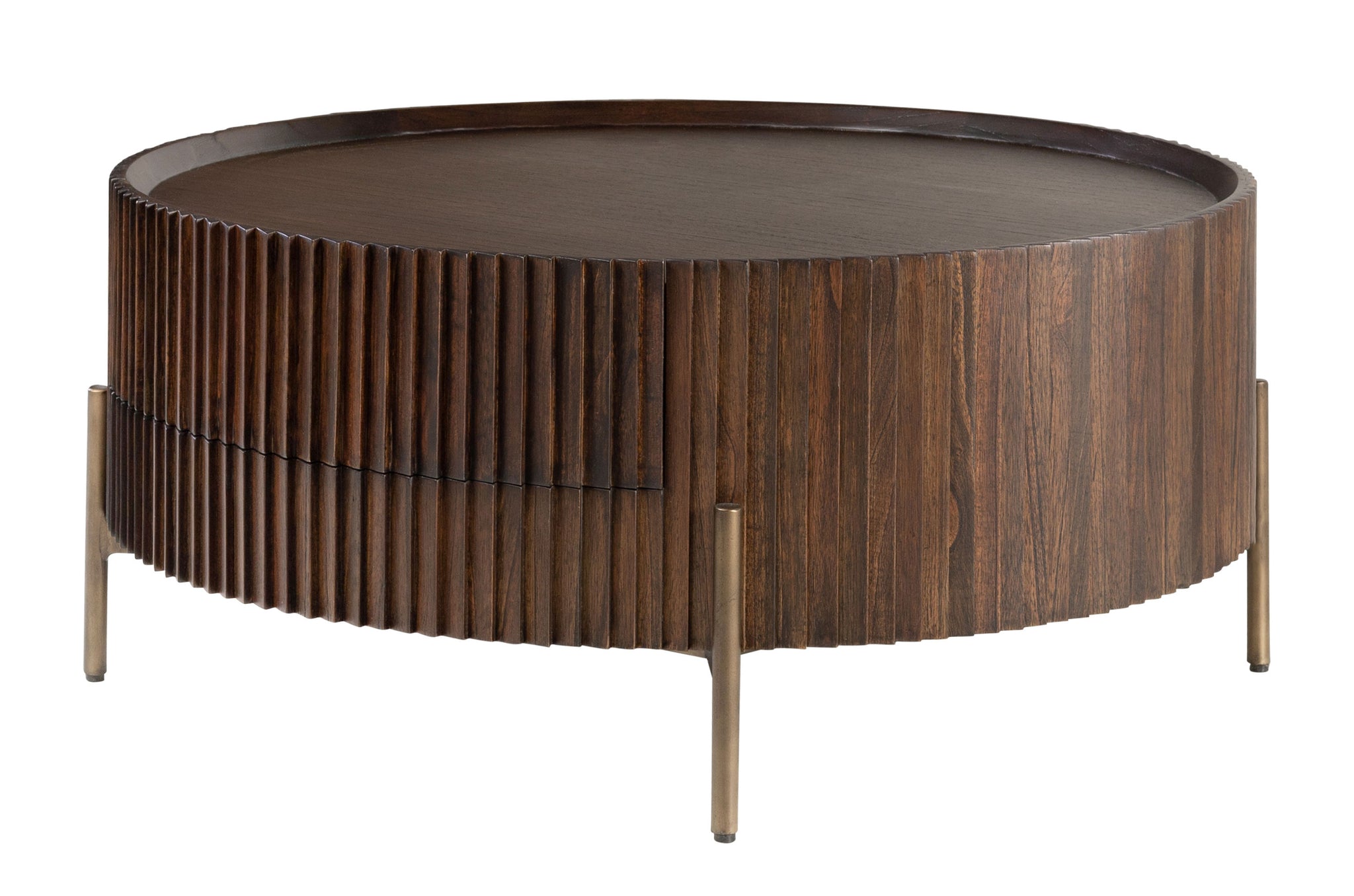 Ronde design salontafel met roasted coffee hout en stalen onderstel